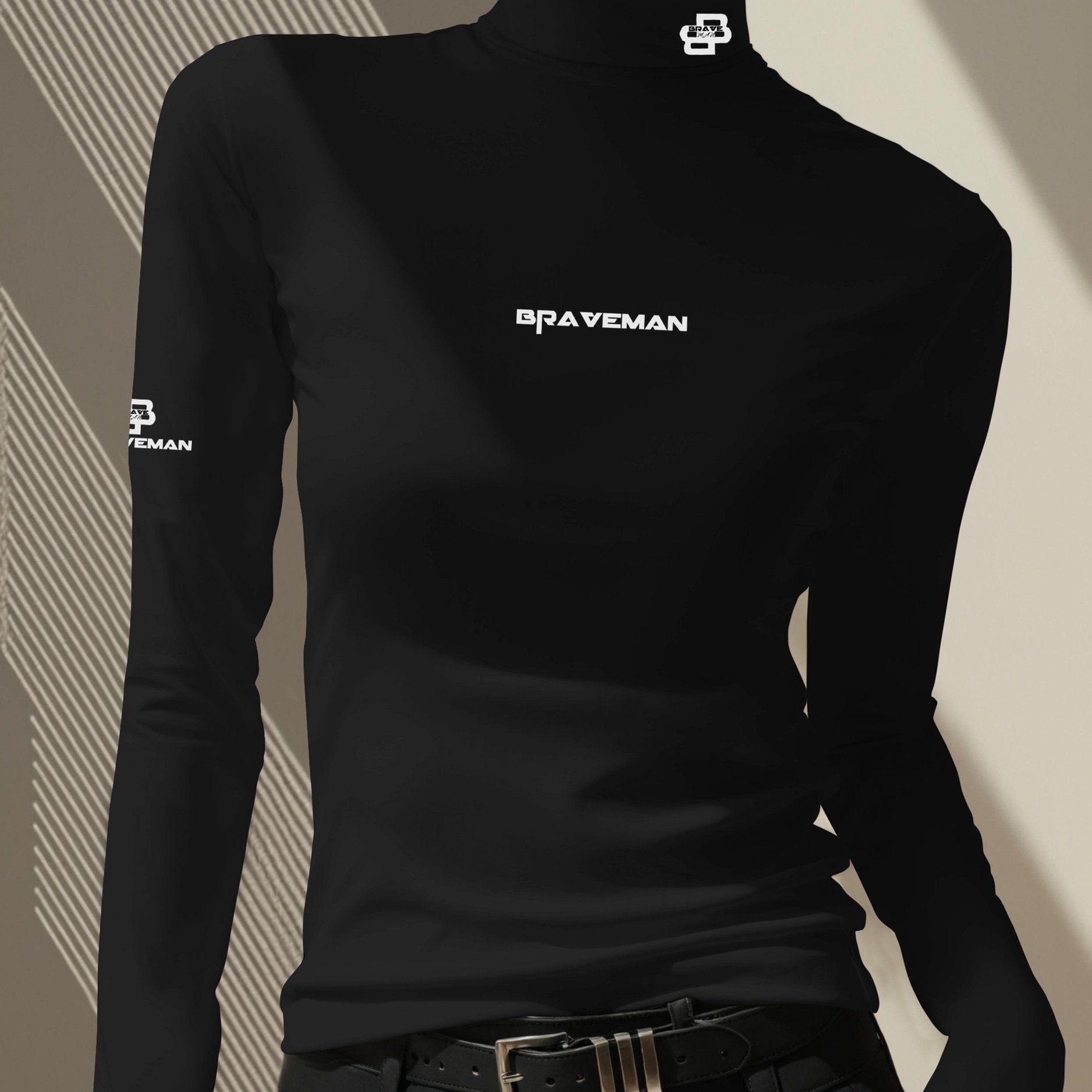 Women's Thermal Turtleneck Sweater Shirt - Long Sleeve White Base with Black Collar & B-Fit Logo Print, Slim-Fit Winter Layering Top, Hand Washable Stretchy -like Texture for Office, Casual & Cold Weather (No Bulk)