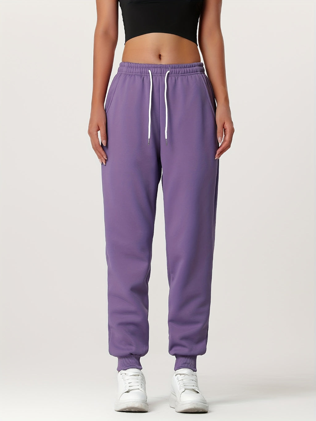 1pc Autumn Winter Women's Long Pants, Fleece-Lined Warm Casual Sports Trousers with Elastic Drawstring Waist, Slant Pockets, Windproof Thermal Cuffed Pants for Winter Daily Home Outing Hiking Leisure Wear