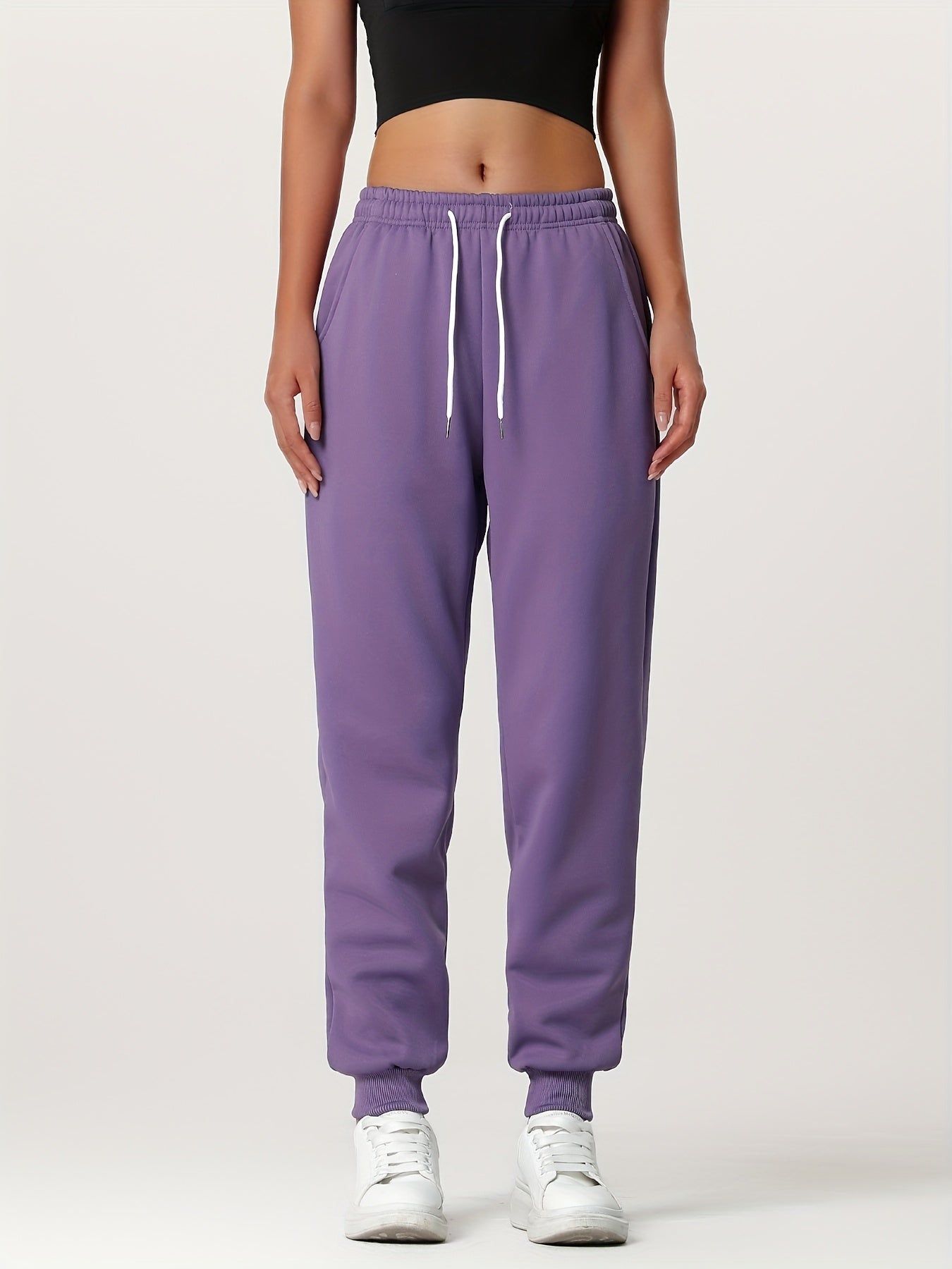 1pc Autumn Winter Women's Long Pants, Fleece-Lined Warm Casual Sports Trousers with Elastic Drawstring Waist, Slant Pockets, Windproof Thermal Cuffed Pants for Winter Daily Home Outing Hiking Leisure Wear