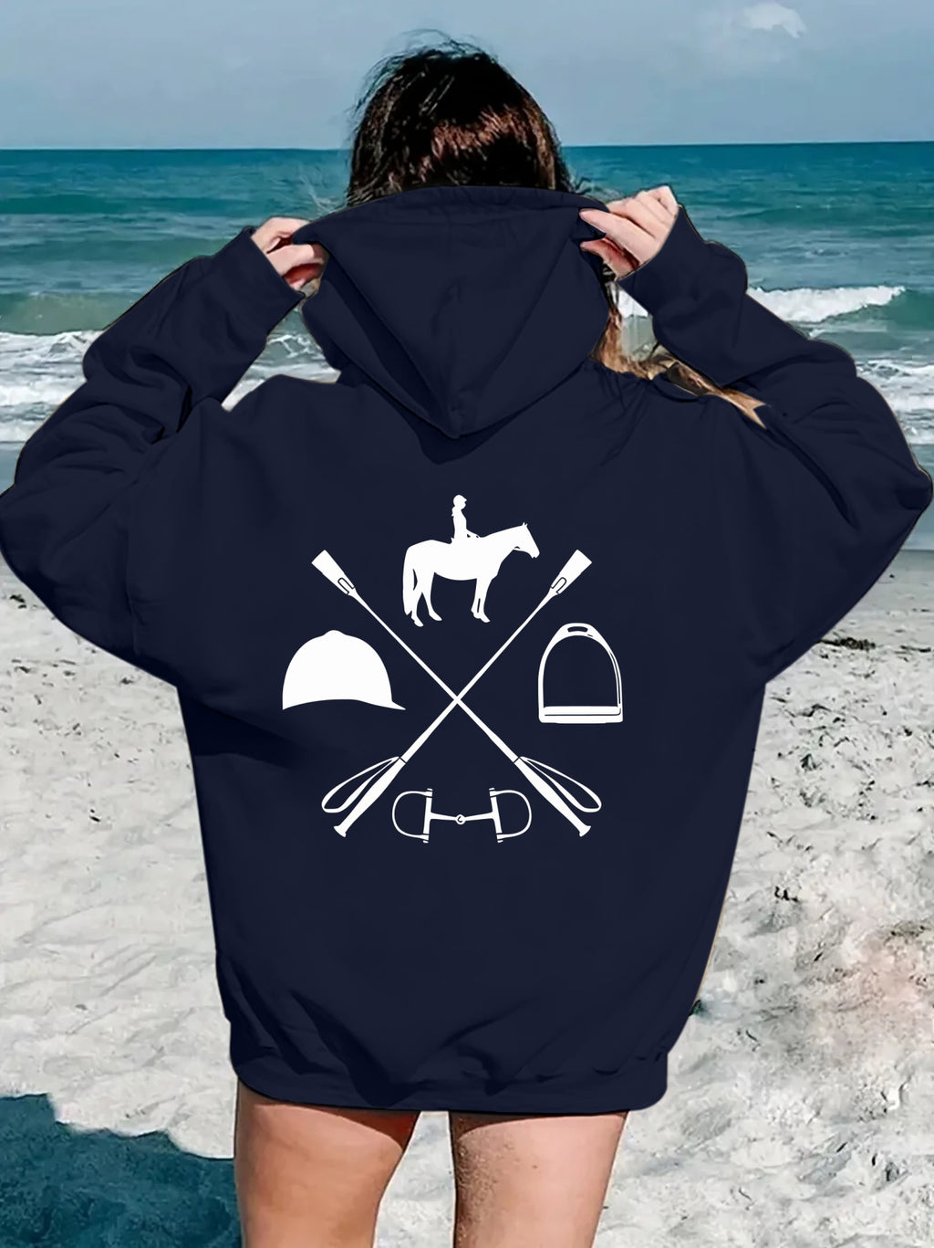 Women's Hooded Sweatshirt - Japanese Horseback Riding Design with Horse & Jockey Print, Soft Loose-Fit Pullover, Machine Washable All-Season Casual Sweater for Horse Riding & Casual Attire (Pockets, Long Sleeve) - Ideal for E