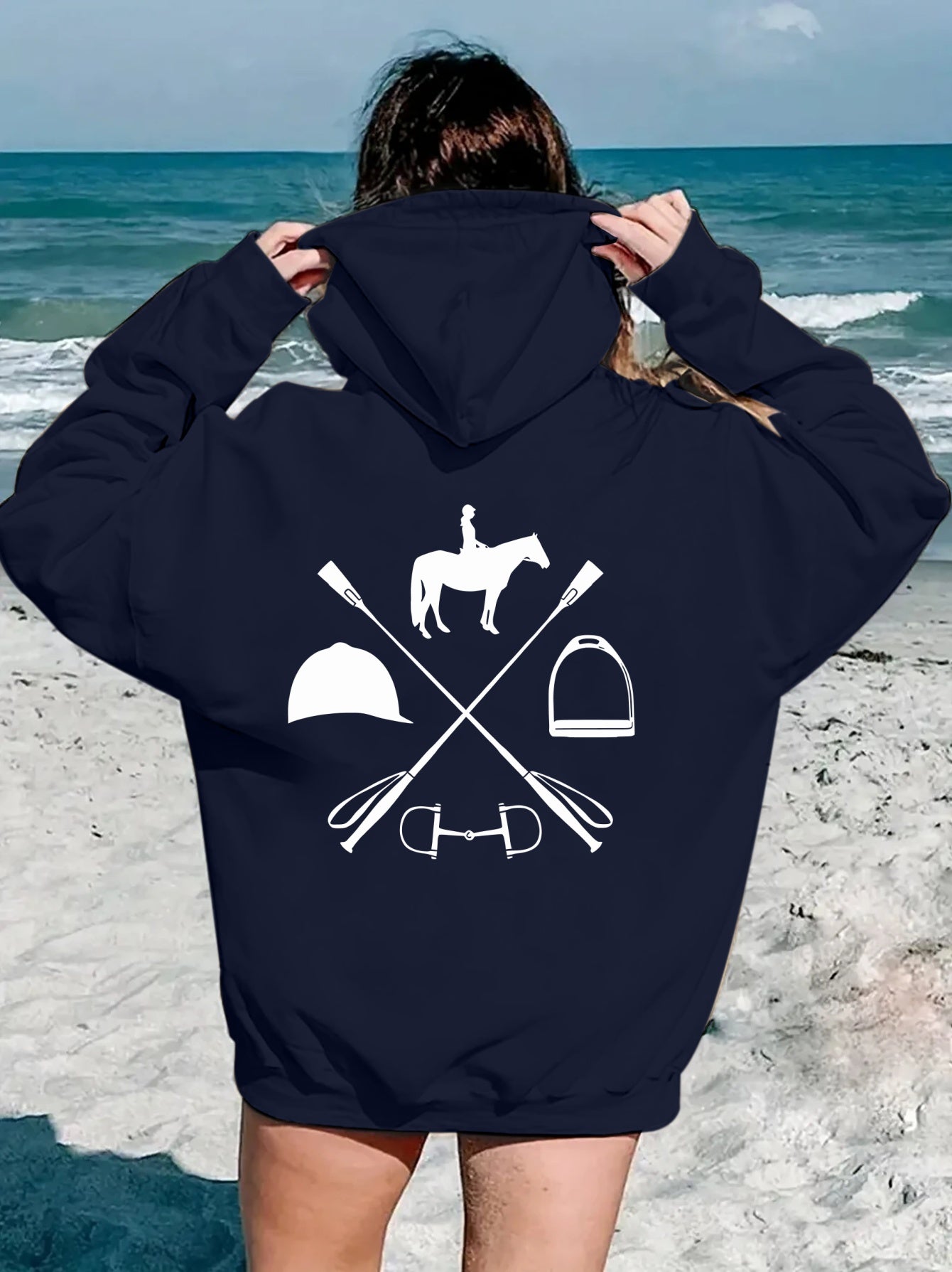 Women's Hooded Sweatshirt - Japanese Horseback Riding Design with Horse & Jockey Print, Soft Loose-Fit Pullover, Machine Washable All-Season Casual Sweater for Horse Riding & Casual Attire (Pockets, Long Sleeve) - Ideal for E