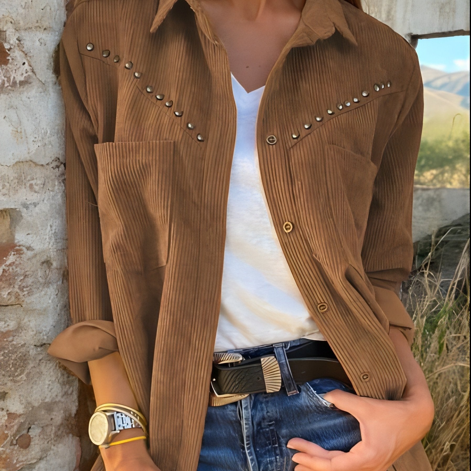 Vintage-Inspired Solid Color Button-Up Shirt with Pockets - Long Sleeve, Polyester, Machine Washable - Elegant Women's Fashion