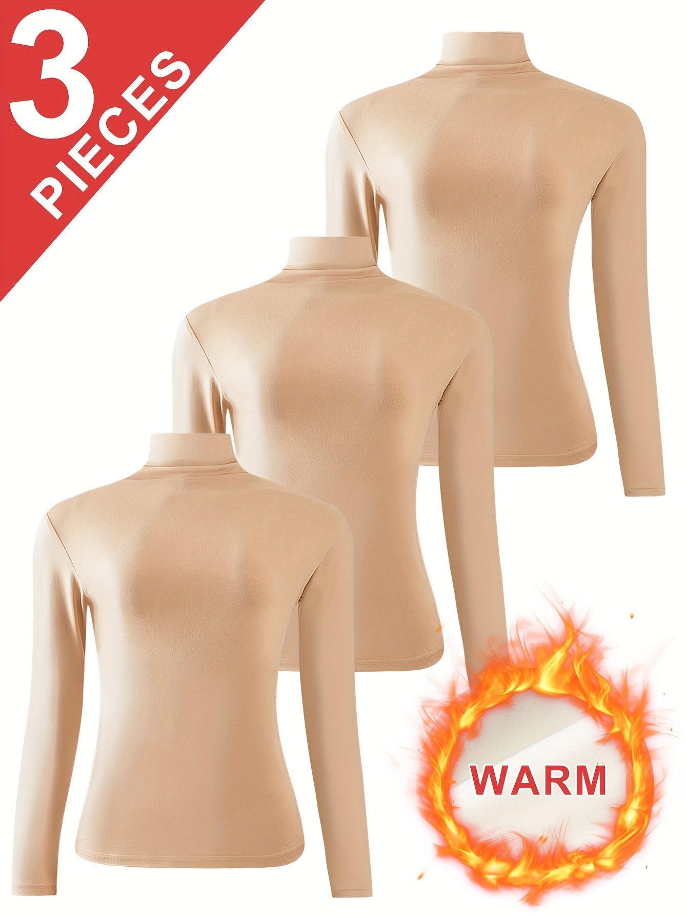 [3pcs Women'S Thermal Base Layer Tops] 3-Pack Women'S Thermal Base Layer Tops, Polyester Knit Warm Half-Turtleneck Shirts for Autumn and Winter
