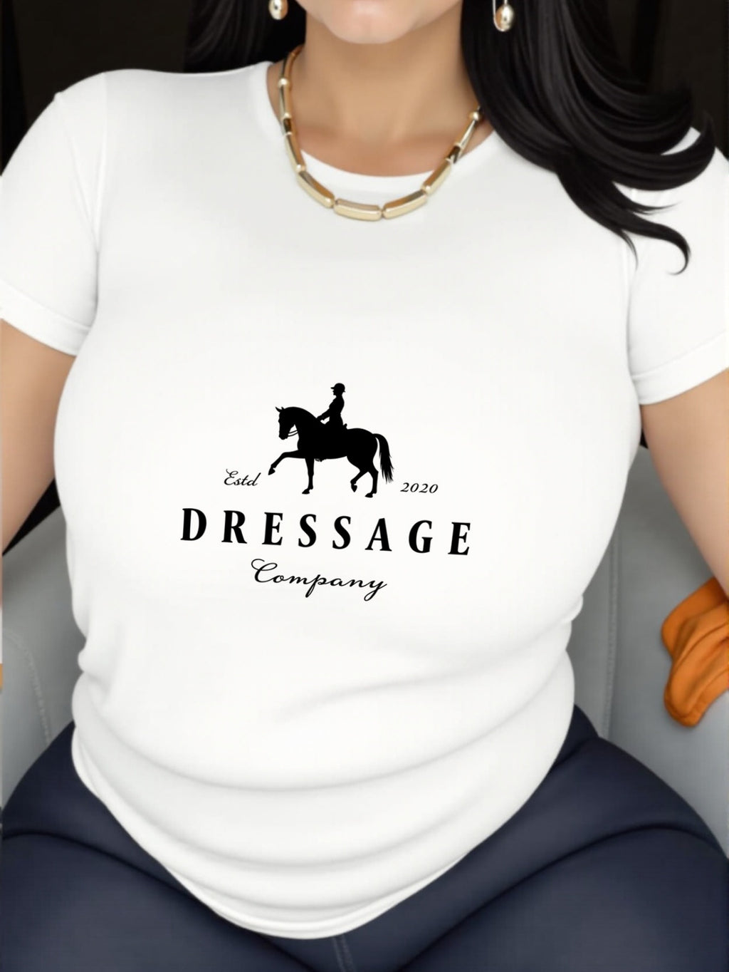 Women'S Elegant Dressage Graphic T-Shirt - White Tee with Black Dressage Text, Soft Breathable Polyester Blend Shirt for Equestrian Events, Casual Attire & Casual Outfits - All-Season Women'S Top, Horse T Shirt, Outdoor Activ