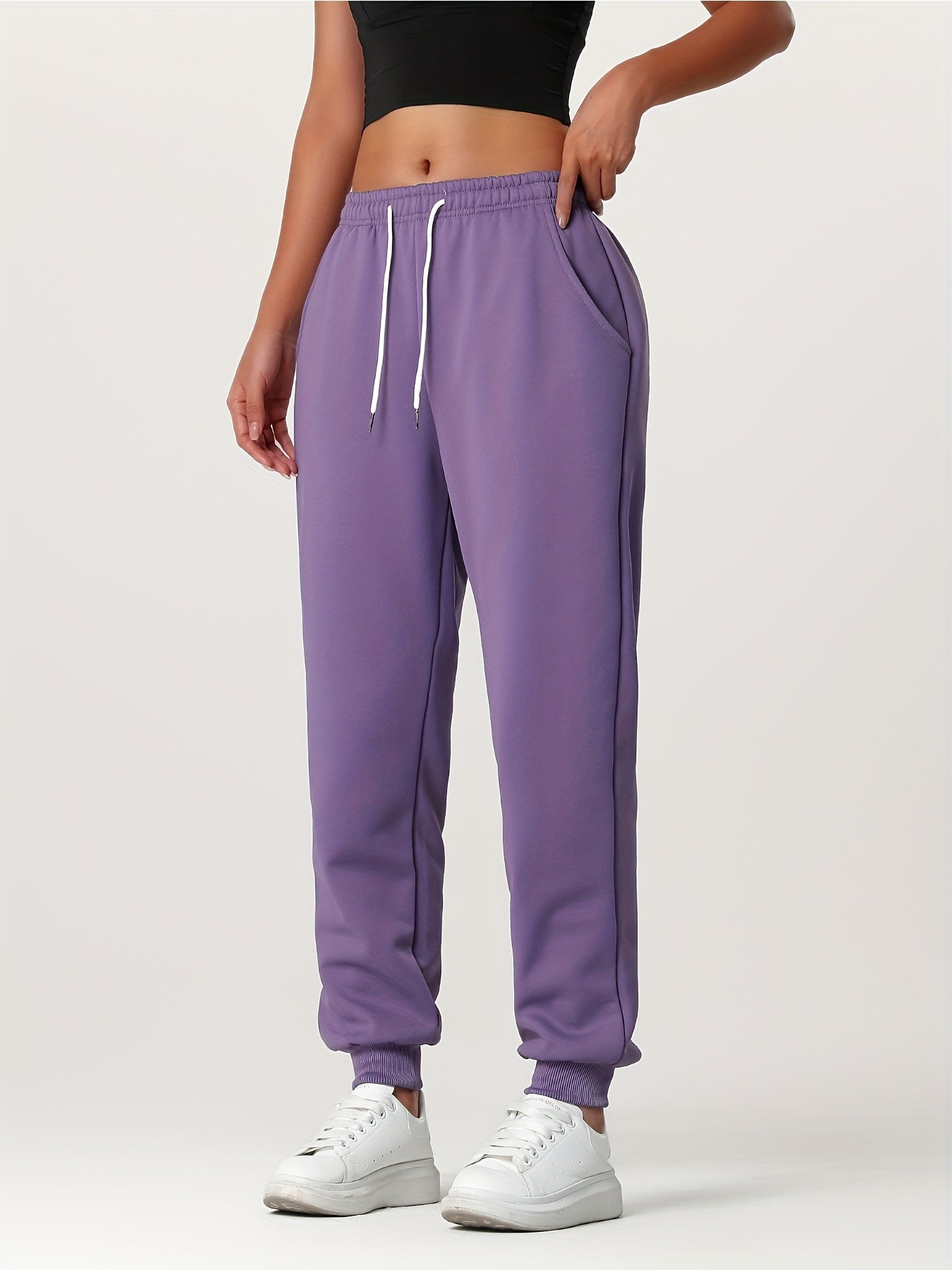 1pc Autumn Winter Women's Long Pants, Fleece-Lined Warm Casual Sports Trousers with Elastic Drawstring Waist, Slant Pockets, Windproof Thermal Cuffed Pants for Winter Daily Home Outing Hiking Leisure Wear