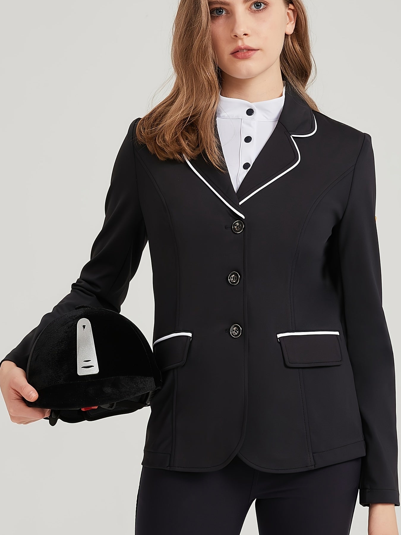Women's Elegant Equestrian Suit Jacket - Polyester Blend, Spandex-Enhanced, High Stretch, Lapel Collar, Slim Fit, Long Sleeve with Button Details, Woven Color Block Pattern Riding Blazer for All Seasons
