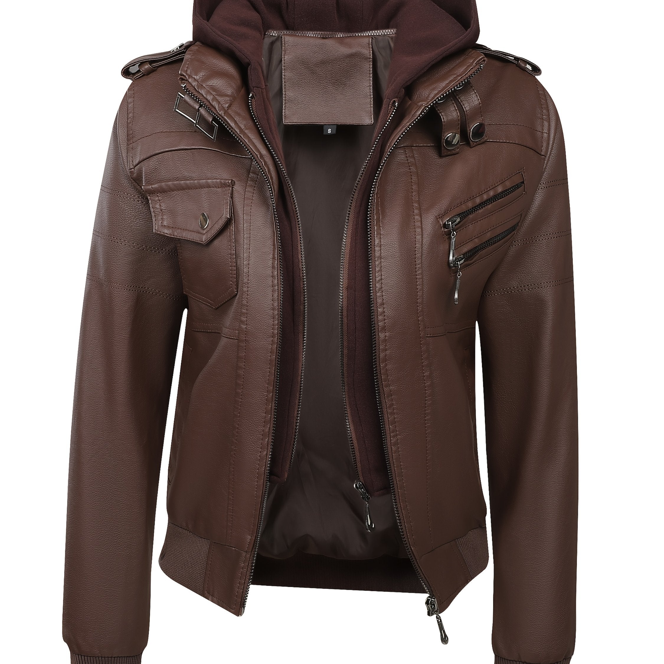 PUPU Women's Retro Leather Jacket - Black Long Sleeve Zipper Front Jacket with Pockets, Machine Washable Casual Outerwear for All Seasons