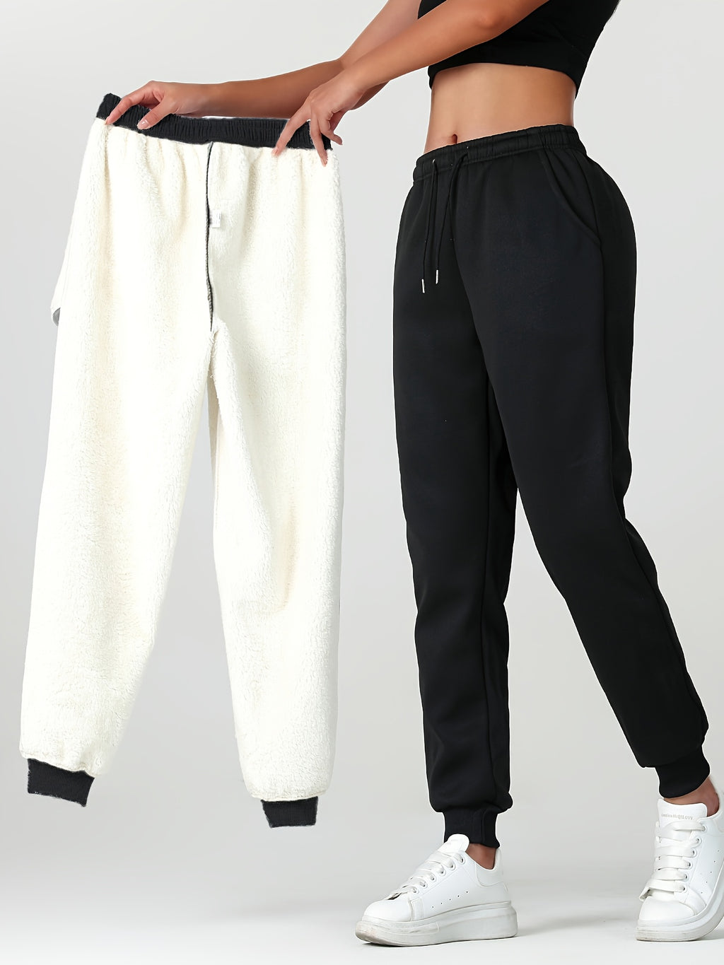 1pc Autumn Winter Women's Long Pants, Fleece-Lined Warm Casual Sports Trousers with Elastic Drawstring Waist, Slant Pockets, Windproof Thermal Cuffed Pants for Winter Daily Home Outing Hiking Leisure Wear