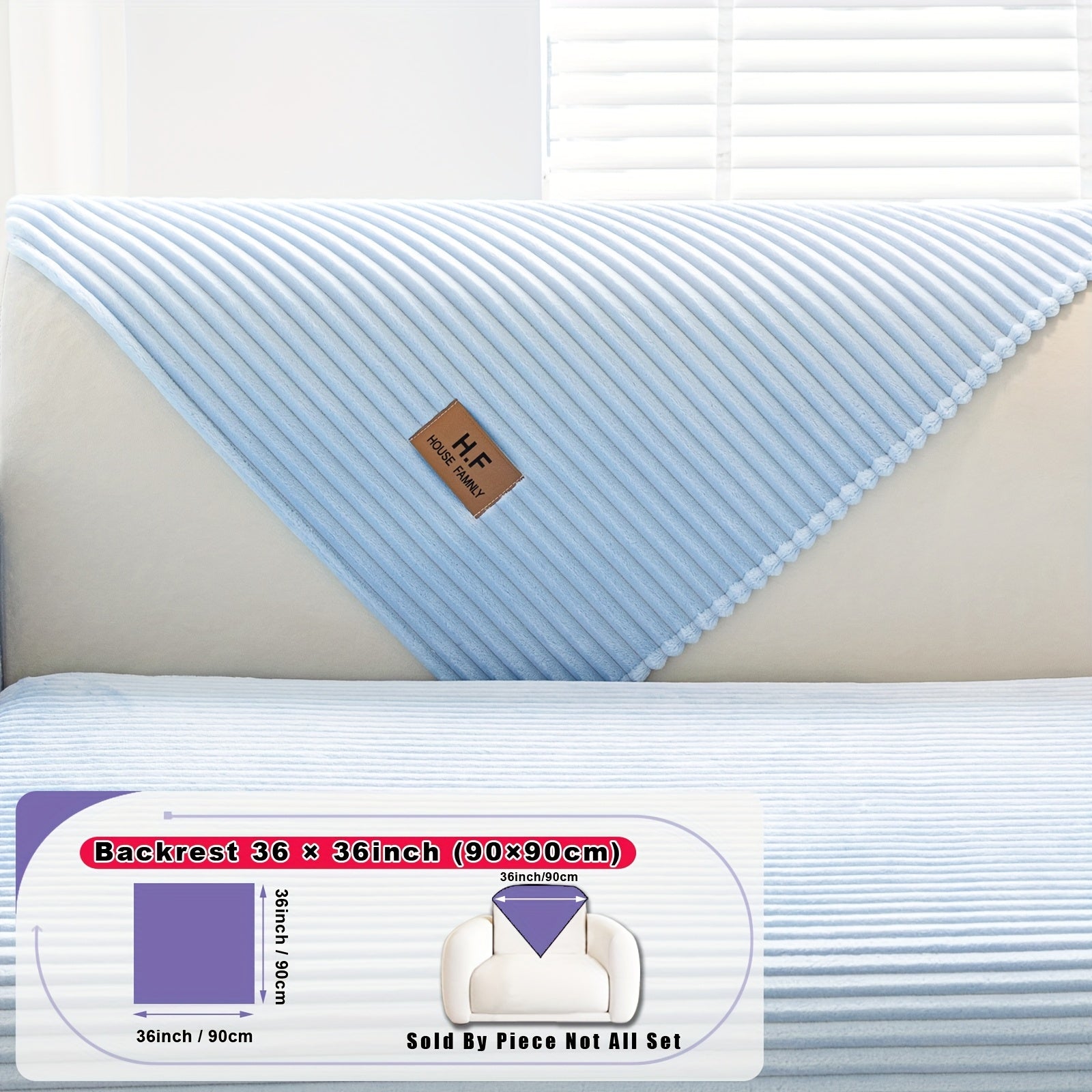 1pc HF Modern Plush Flannel Sofa Cushion Cover - Pet-Friendly Non-Slip Sofa Protector with Striped Design & Leather-Like Patches, Machine Washable Furniture Cover for 3/2/4-Seater, Living Room, Bedroom, Office Decor, Bedroom
