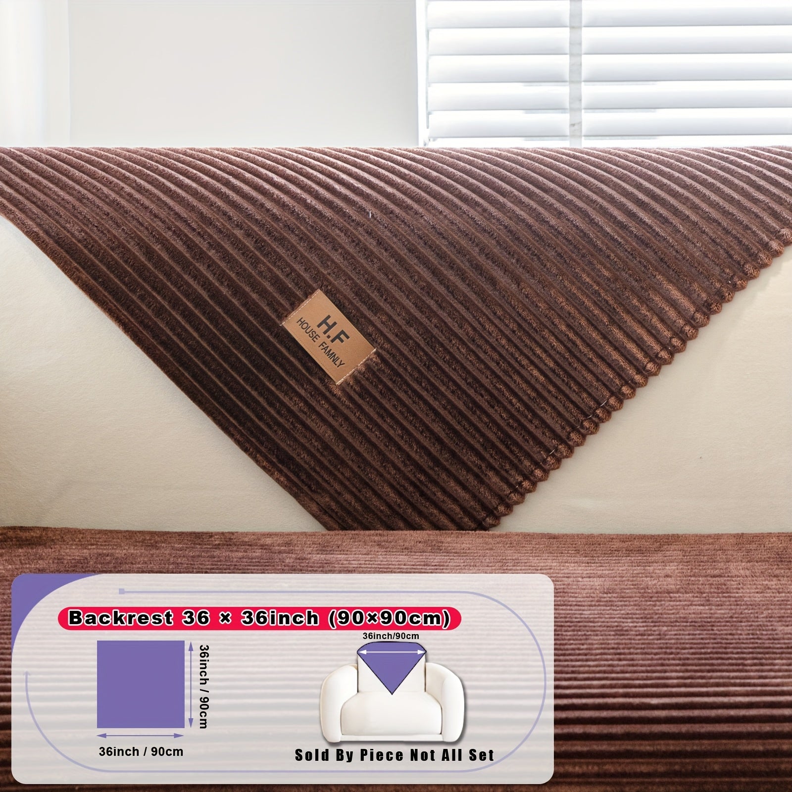 1pc HF Modern Plush Flannel Sofa Cushion Cover - Pet-Friendly Non-Slip Sofa Protector with Striped Design & Leather-Like Patches, Machine Washable Furniture Cover for 3/2/4-Seater, Living Room, Bedroom, Office Decor, Bedroom