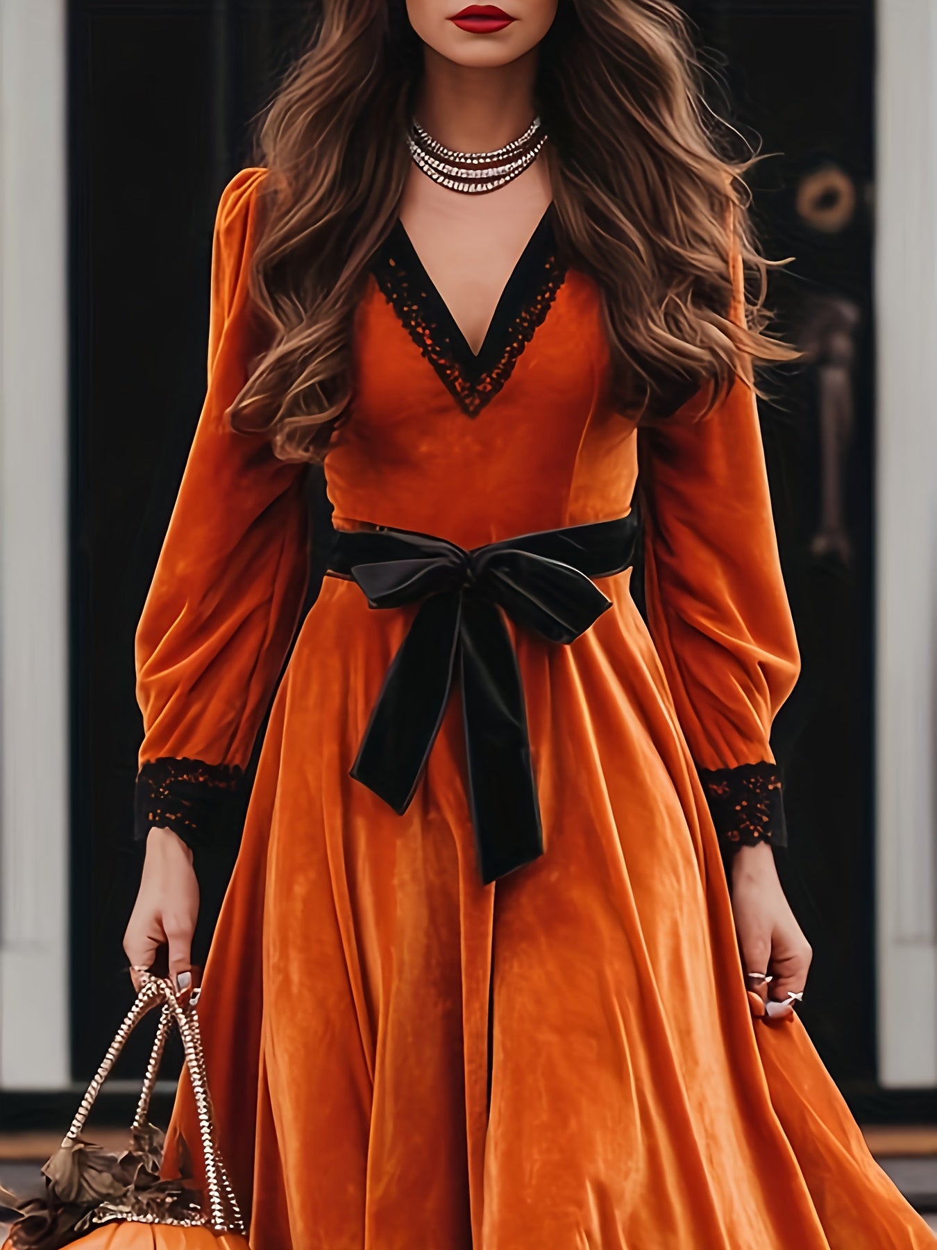 Women's Elegant Vintage Gothic Lace Victorian-Inspired Maxi Dress with & Train - Machine Washable Orange & Black Contrast Long Sleeve Party Dress for Halloween, Autumn Events, Themed Costume Parties - Structured Waist & Flowi