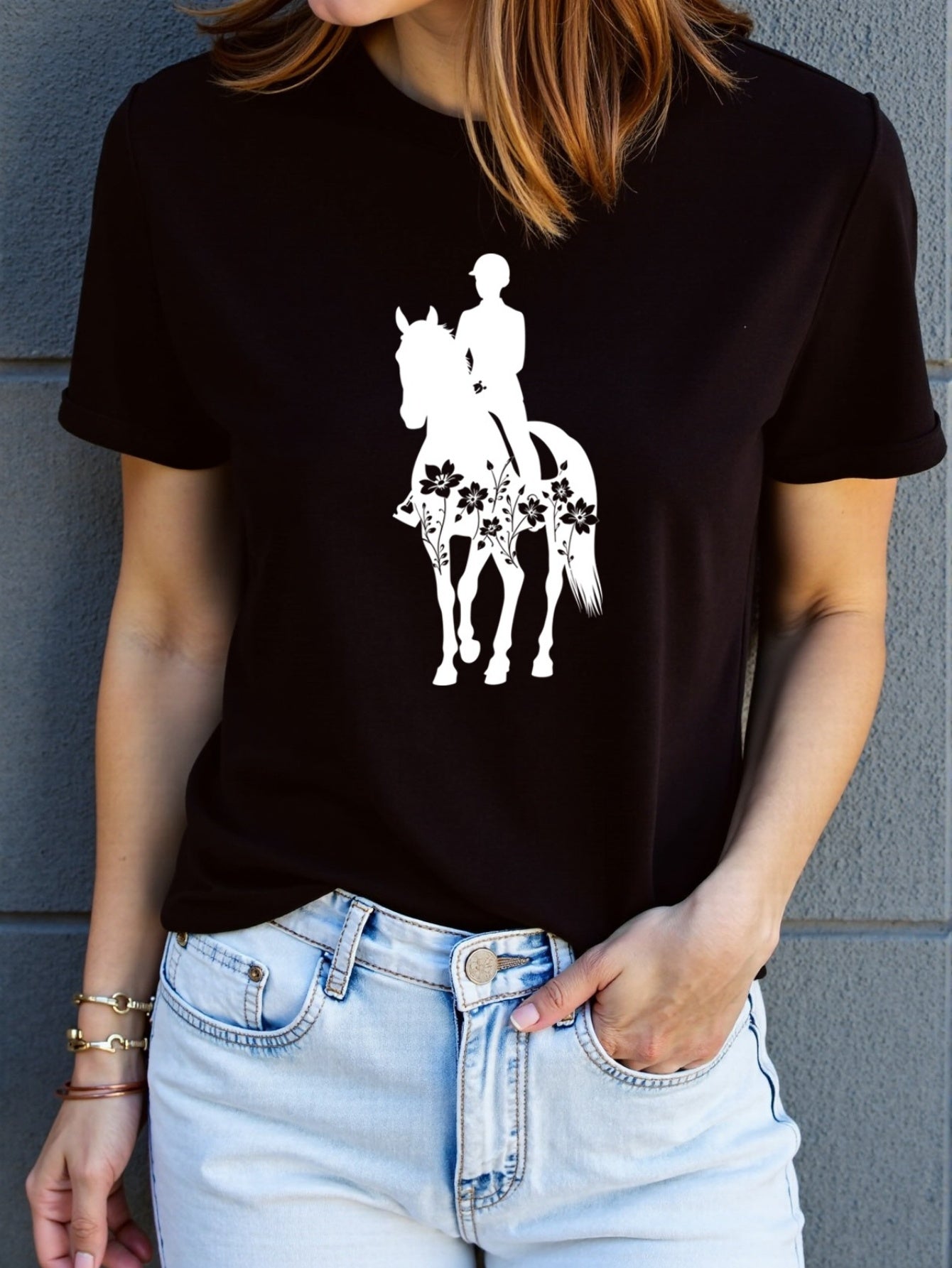 Women'S Equestrian Graphic Tee - Soft Breathable Quick-Dry Polyester Blend T-Shirt, Black with White Horseback Rider Design, All-Season Casual Shirt for Horseback Riding, Everyday Outfits & Themed Events - Easy Care Round Nec