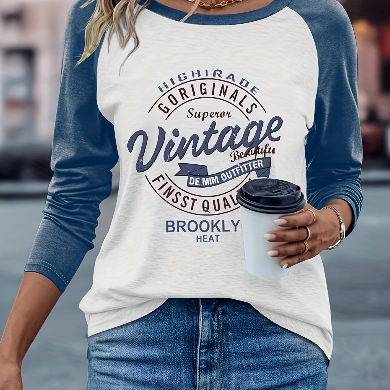 Women's Casual Long Sleeve Crew Neck T-Shirt - Vintage Brooklyn Letter Print, Heather Gray & Beige Color Block, Machine Washable Spring/Fall Top