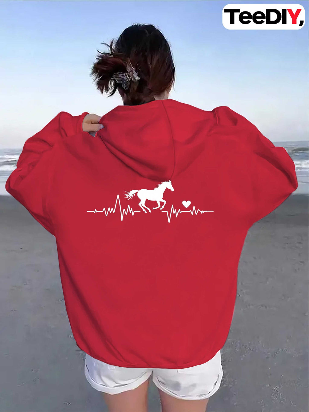 teediy Women'S Horse Heartbeat Minimalist Line Hooded Sweatshirt - Elegant Horse & Heartbeat Design, Long Sleeve Casual Pullover with Pockets