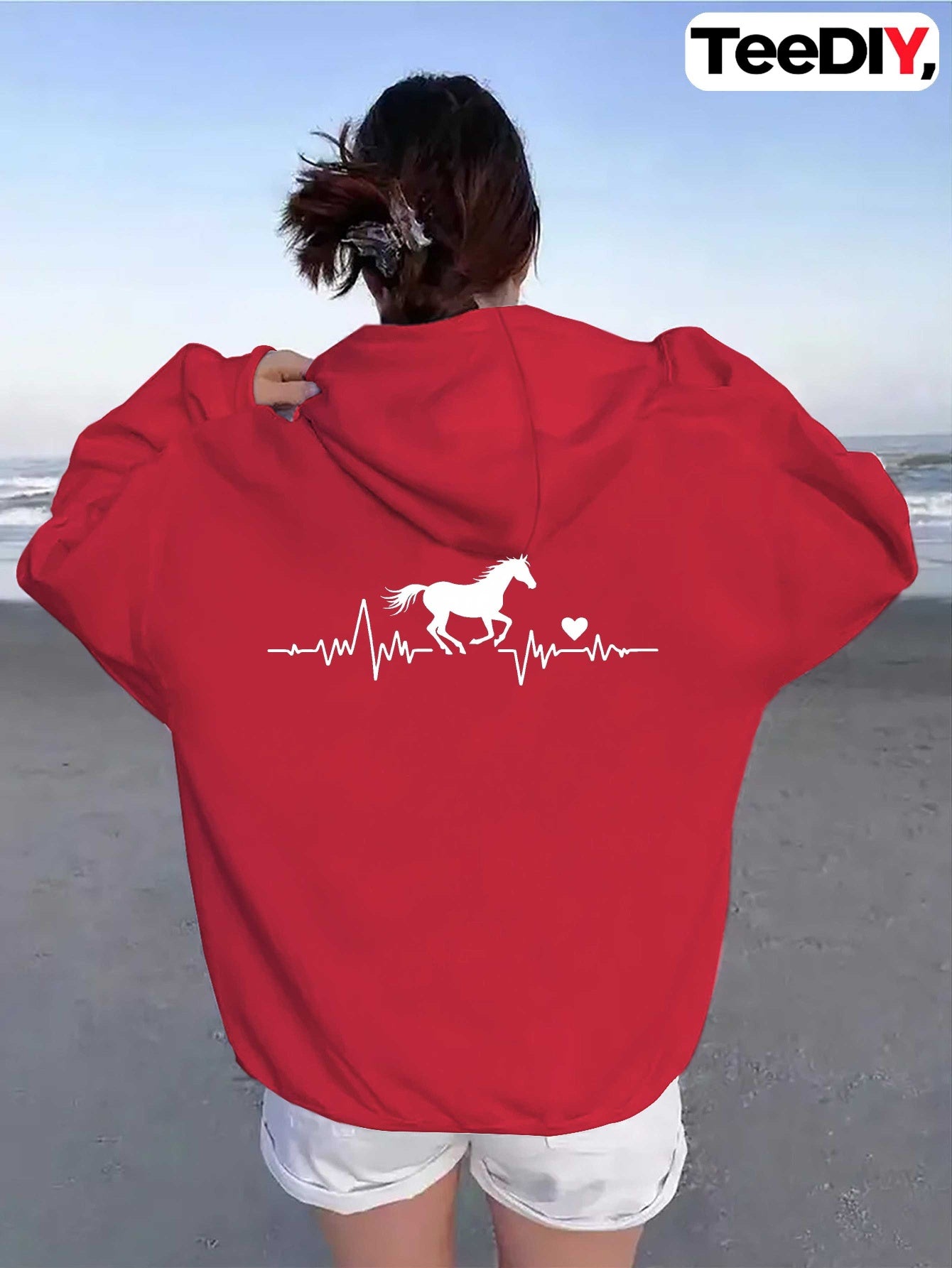 teediy Women'S Horse Heartbeat Minimalist Line Hooded Sweatshirt - Elegant Horse & Heartbeat Design, Long Sleeve Casual Pullover with Pockets