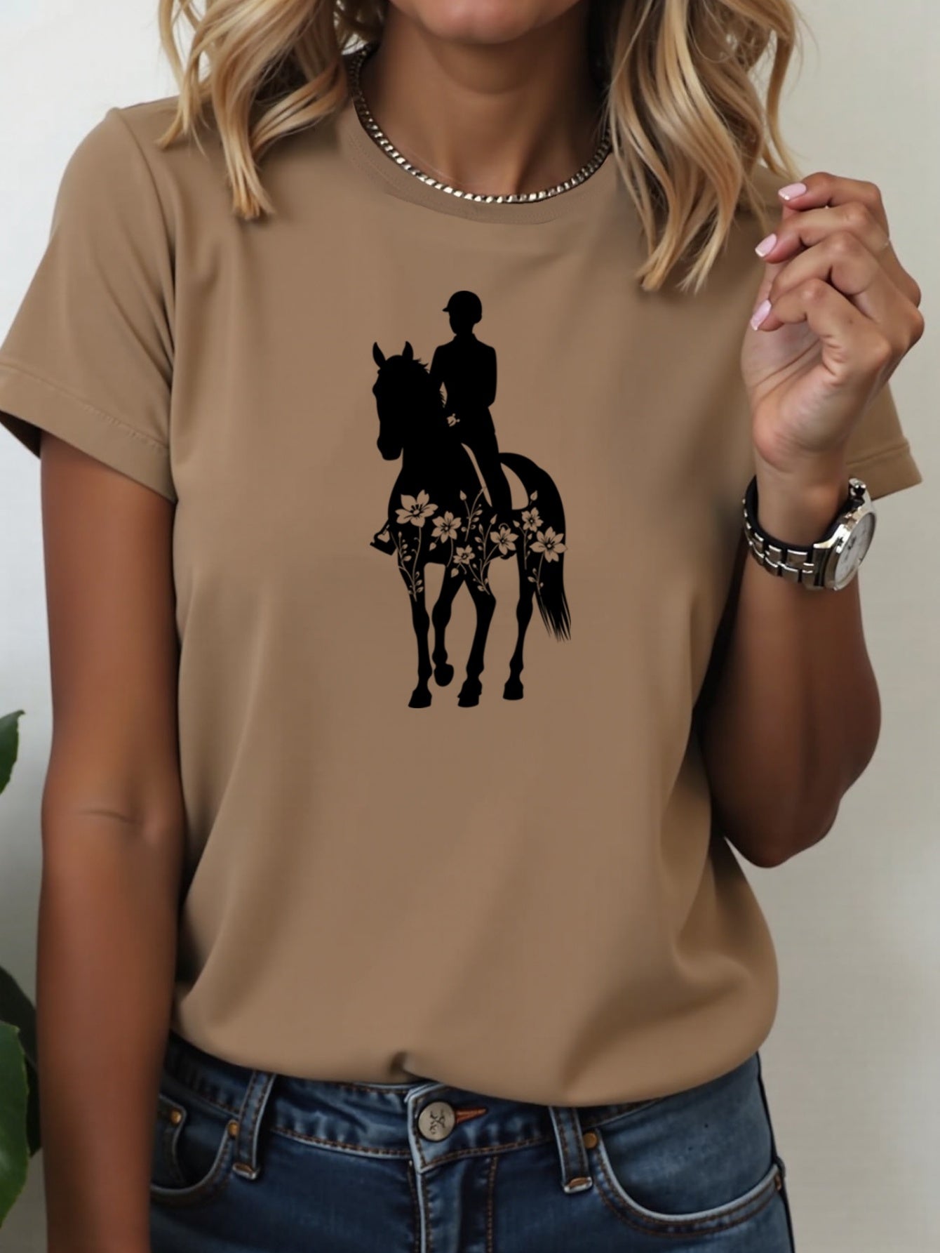 Women'S Equestrian Graphic Tee - Soft Breathable Quick-Dry Polyester Blend T-Shirt, Black with White Horseback Rider Design, All-Season Casual Shirt for Horseback Riding, Everyday Outfits & Themed Events - Easy Care Round Nec