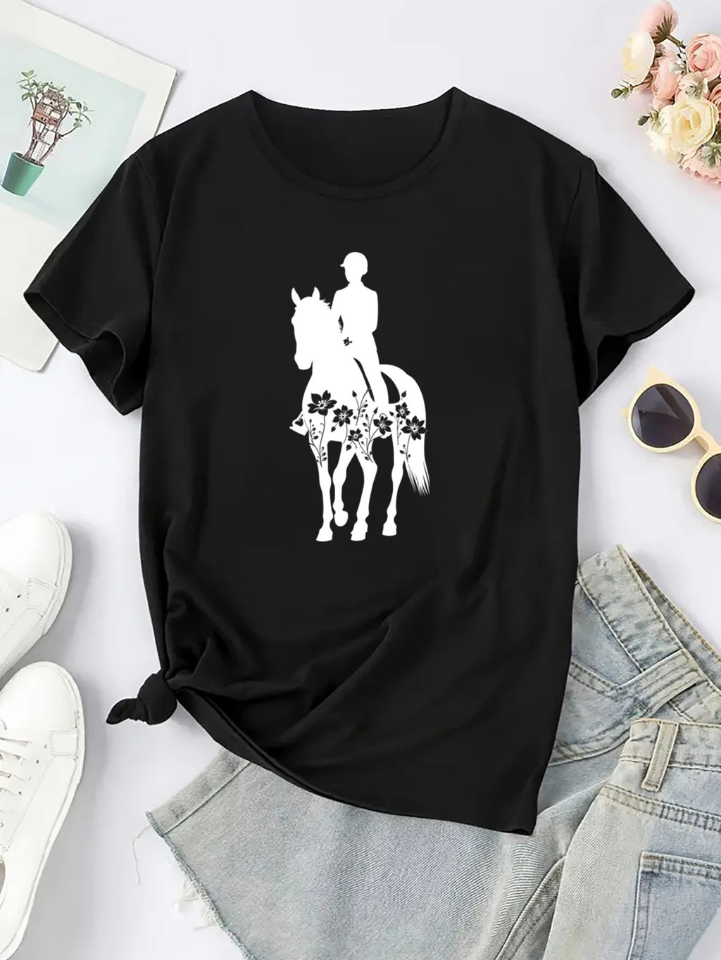 Women'S Equestrian Graphic Tee - Soft Breathable Quick-Dry Polyester Blend T-Shirt, Black with White Horseback Rider Design, All-Season Casual Shirt for Horseback Riding, Everyday Outfits & Themed Events - Easy Care Round Nec