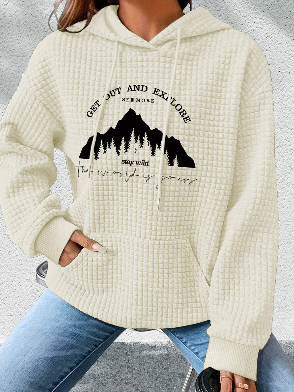 graphic print hoodie, drawstring casual hooded sweatshirt for winter & fall, Women's clothing, Loungewear, Winter Fashion, Urban Style, Geometric Pattern, Cozy Fabric, Quality Stitching, Unisex Style, Printed Hoodie, Women's