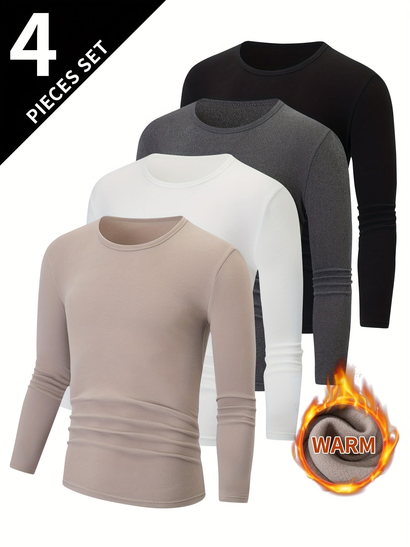 4pcs Men's Thermal Base Layer Long Sleeve Round Neck T-Shirts - Solid Color Warm Winter Layering Shirts, Casual Underwear for Cold Weather, Hand Washable (Bulk Pack for Easy Organization) - Compatible with Jeans & Dress Pants
