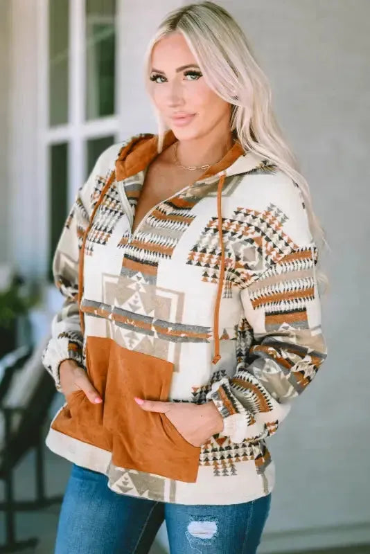 Beige Aztec Half-Zip Hoodie