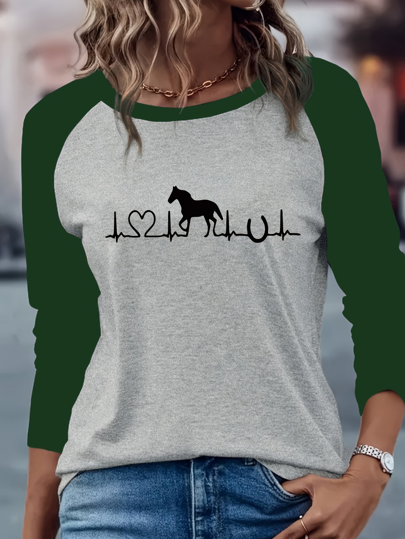 1pc Women'S Casual Horse Heartbeat Graphic T-Shirt, Polyester Knit Crew Neck Long Sleeve Pullover with Medium Stretch, Regular Fit All-Season Tee