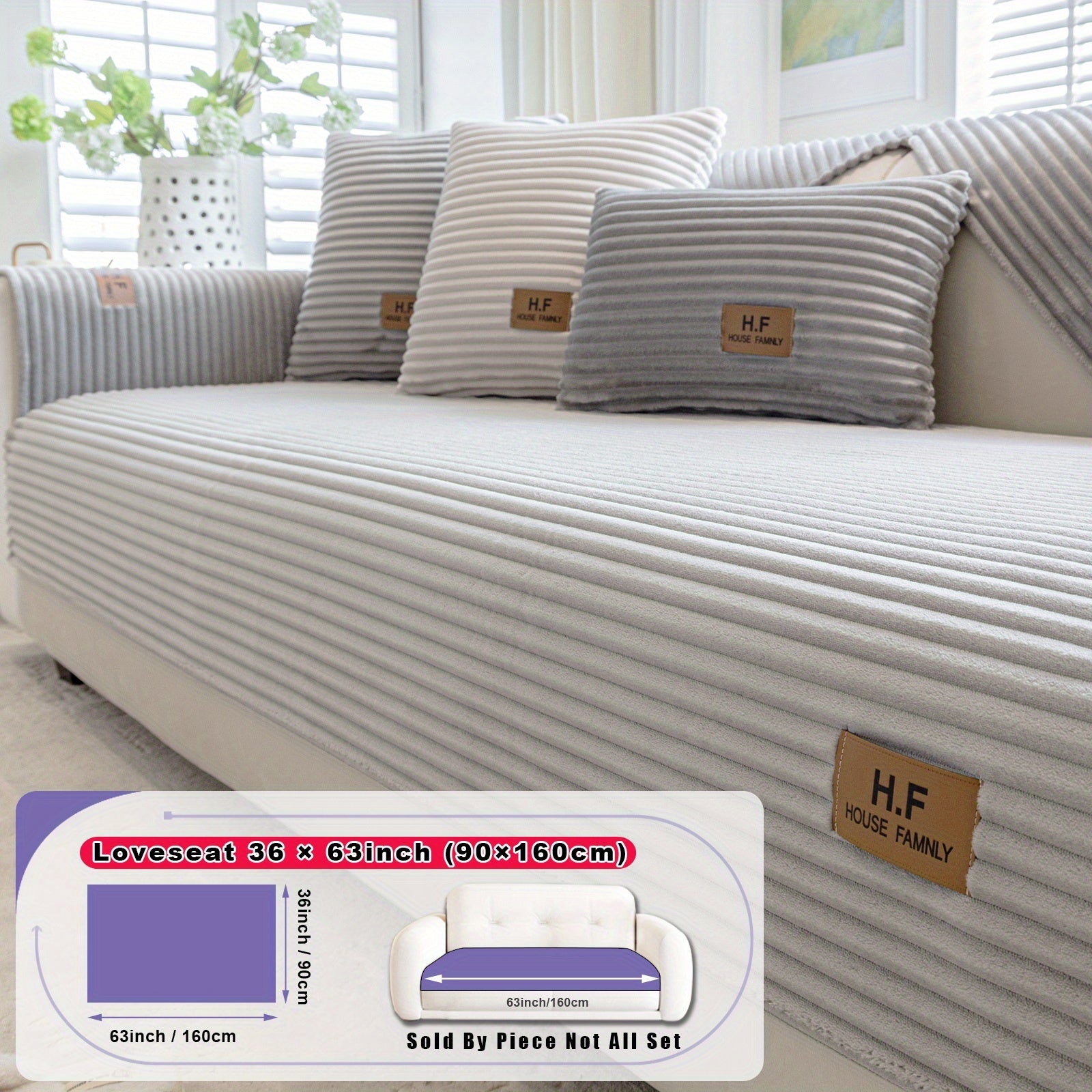 1pc HF Modern Plush Flannel Sofa Cushion Cover - Pet-Friendly Non-Slip Sofa Protector with Striped Design & Leather-Like Patches, Machine Washable Furniture Cover for 3/2/4-Seater, Living Room, Bedroom, Office Decor, Bedroom