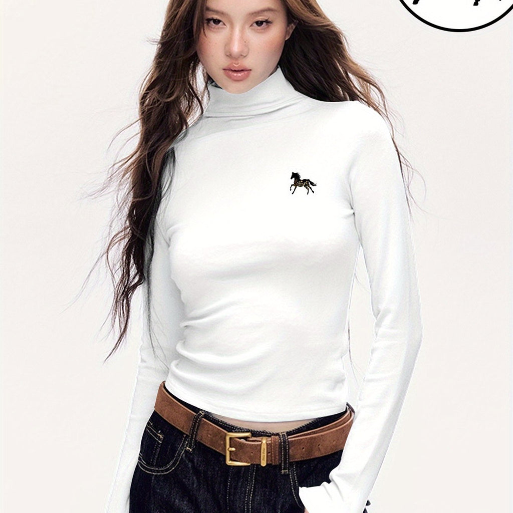Women'S Elegant Half-Turtleneck Long Sleeve T-Shirt - Soft Fleece-Like Fabric, Black with White Horse Silhouette & Golden Accents, Machine Washable, Versatile Casual & Formal Wear, Winter Warmth, 2025 Autumn Winter Essential,