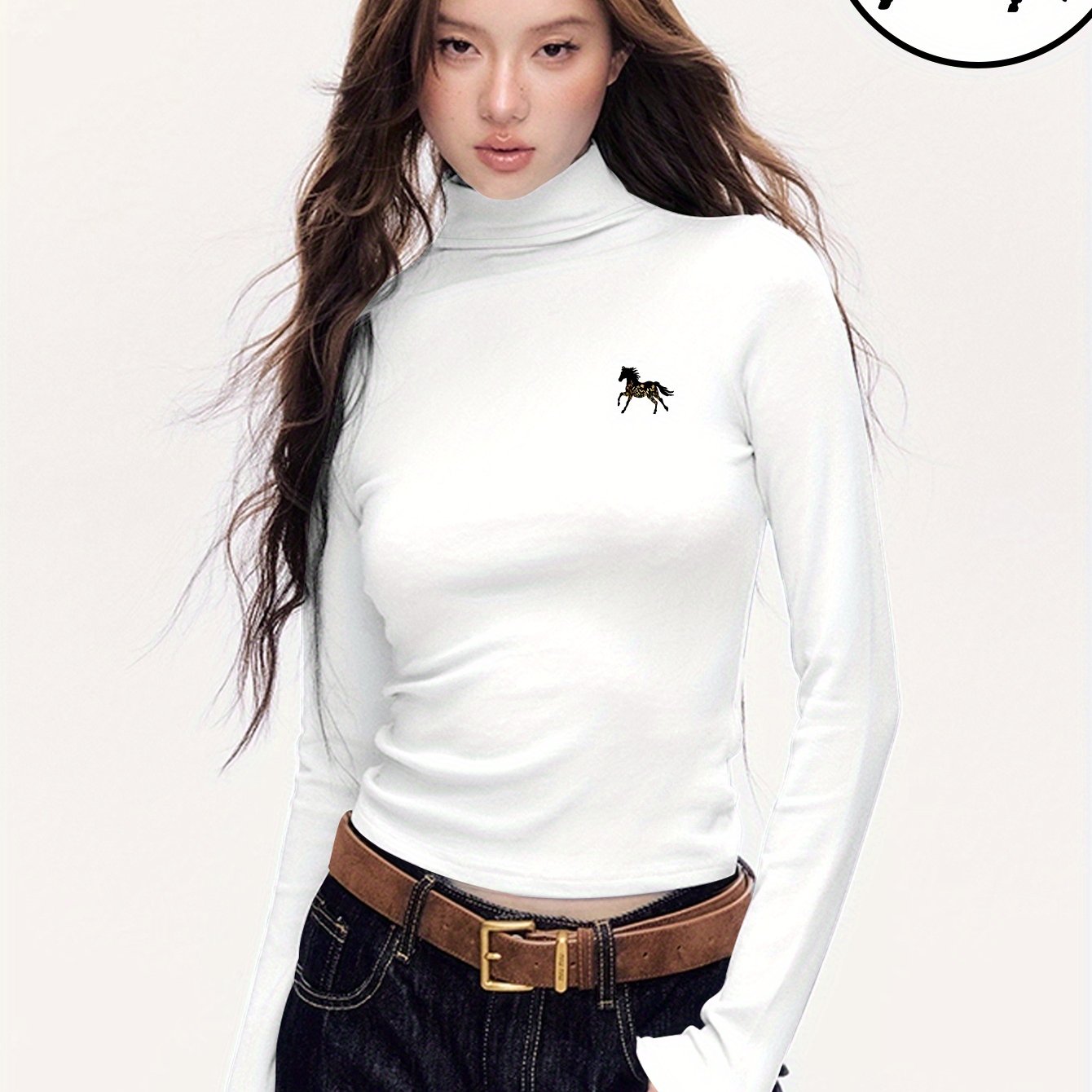 Women'S Elegant Half-Turtleneck Long Sleeve T-Shirt - Soft Fleece-Like Fabric, Black with White Horse Silhouette & Golden Accents, Machine Washable, Versatile Casual & Formal Wear, Winter Warmth, 2025 Autumn Winter Essential,