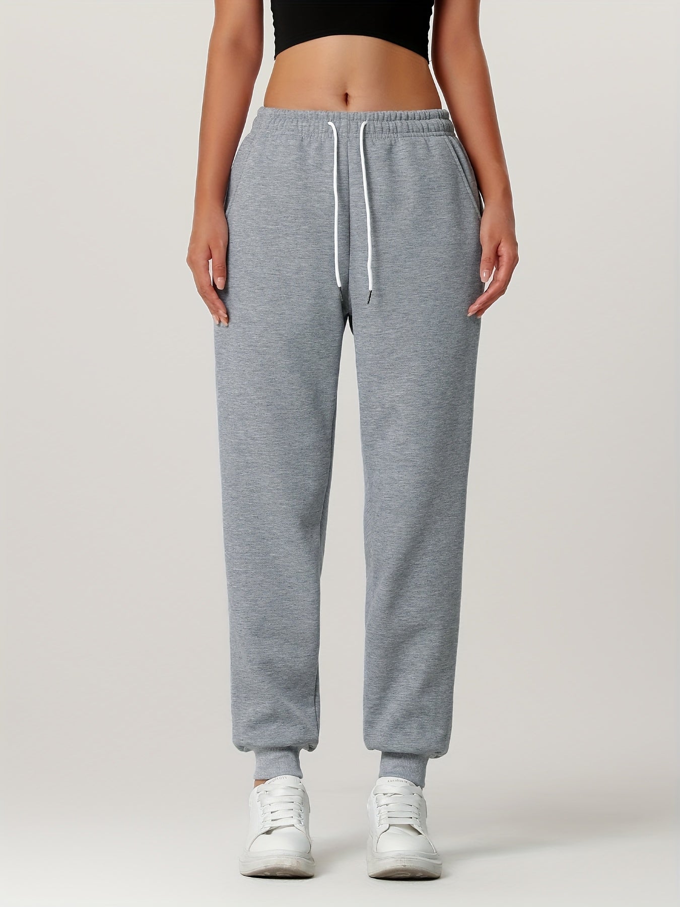 1pc Autumn Winter Women's Long Pants, Fleece-Lined Warm Casual Sports Trousers with Elastic Drawstring Waist, Slant Pockets, Windproof Thermal Cuffed Pants for Winter Daily Home Outing Hiking Leisure Wear