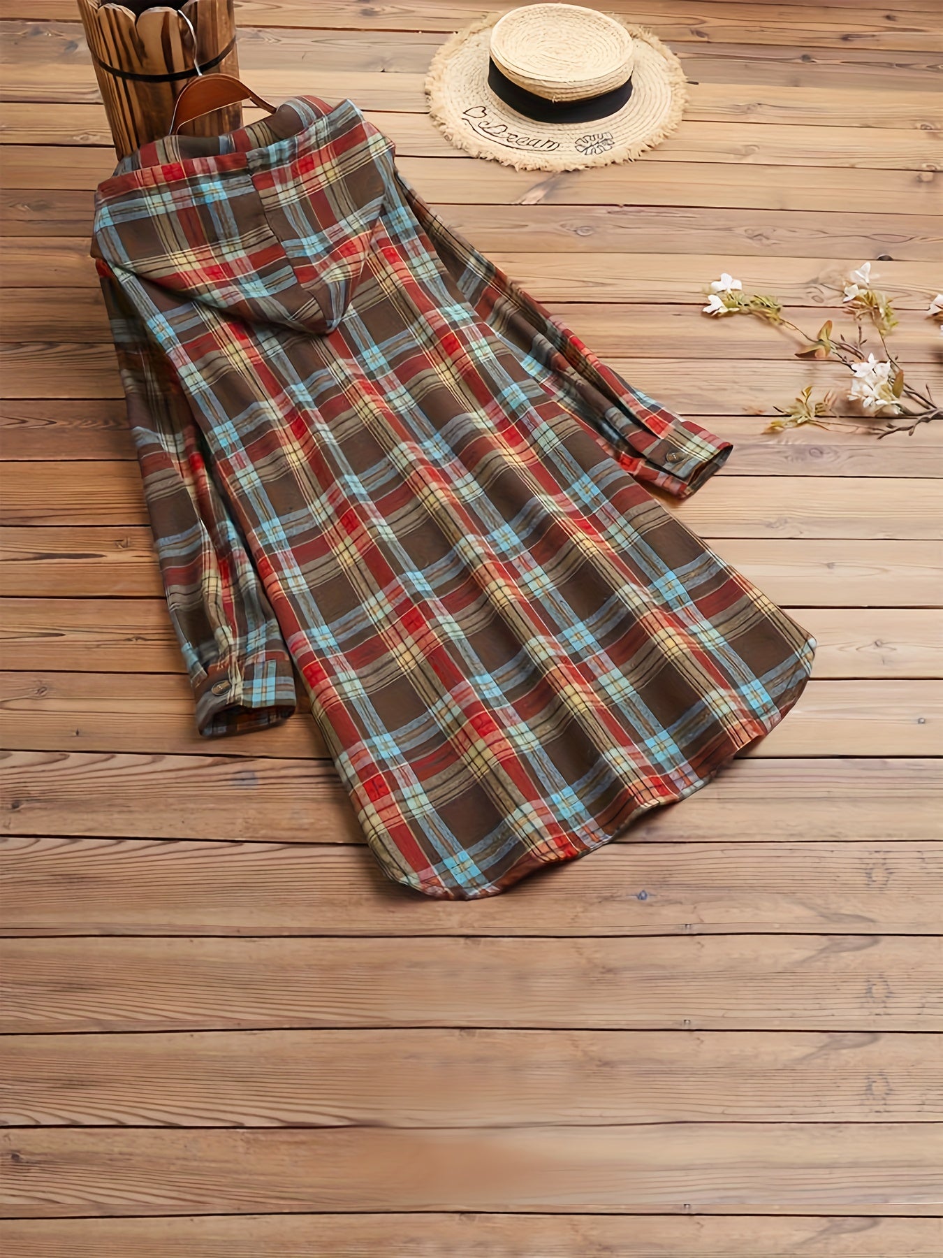 Early Autumn Fashion Retro Loose Hooded Button Sweatshirt Shirt for Women, Soft Contrast Plaid Design with Drawstring and Pockets