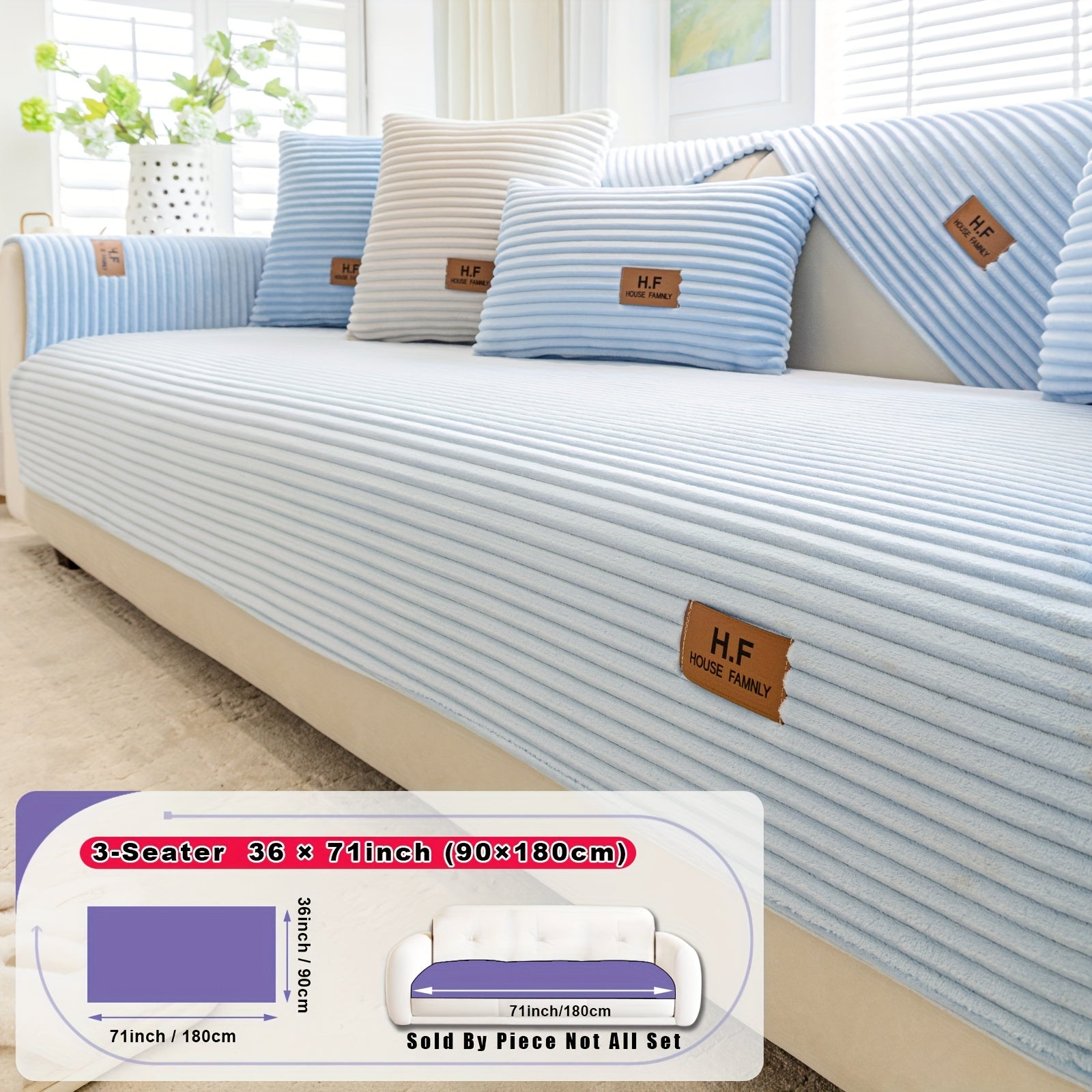 1pc HF Modern Plush Flannel Sofa Cushion Cover - Pet-Friendly Non-Slip Sofa Protector with Striped Design & Leather-Like Patches, Machine Washable Furniture Cover for 3/2/4-Seater, Living Room, Bedroom, Office Decor, Bedroom