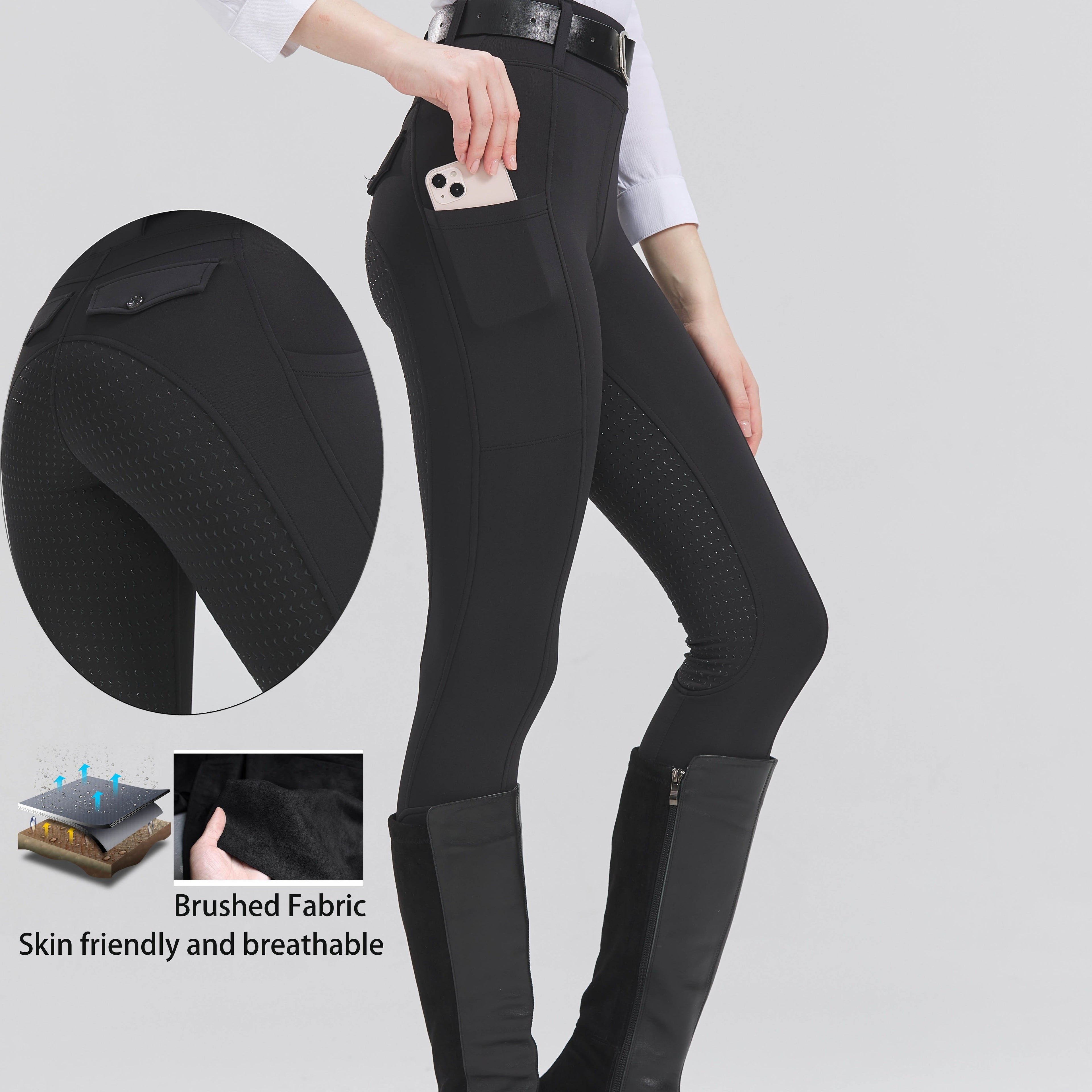 High-Elasticity Brushed Fabric Equestrian Pants with Silicone Grip, All-Season Horse Riding Tights with Pockets, Breathable and Durable