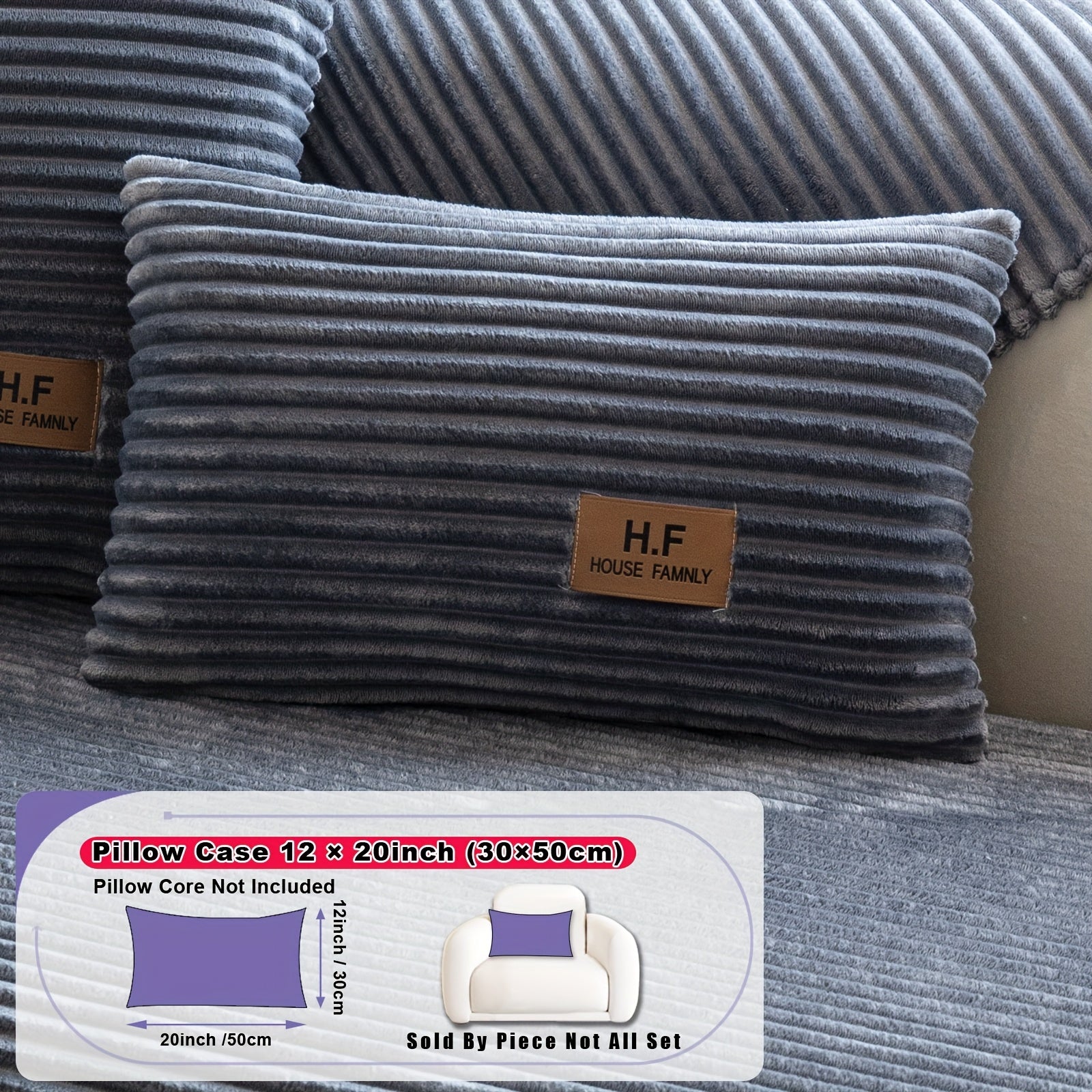 1pc HF Modern Plush Flannel Sofa Cushion Cover - Pet-Friendly Non-Slip Sofa Protector with Striped Design & Leather-Like Patches, Machine Washable Furniture Cover for 3/2/4-Seater, Living Room, Bedroom, Office Decor, Bedroom