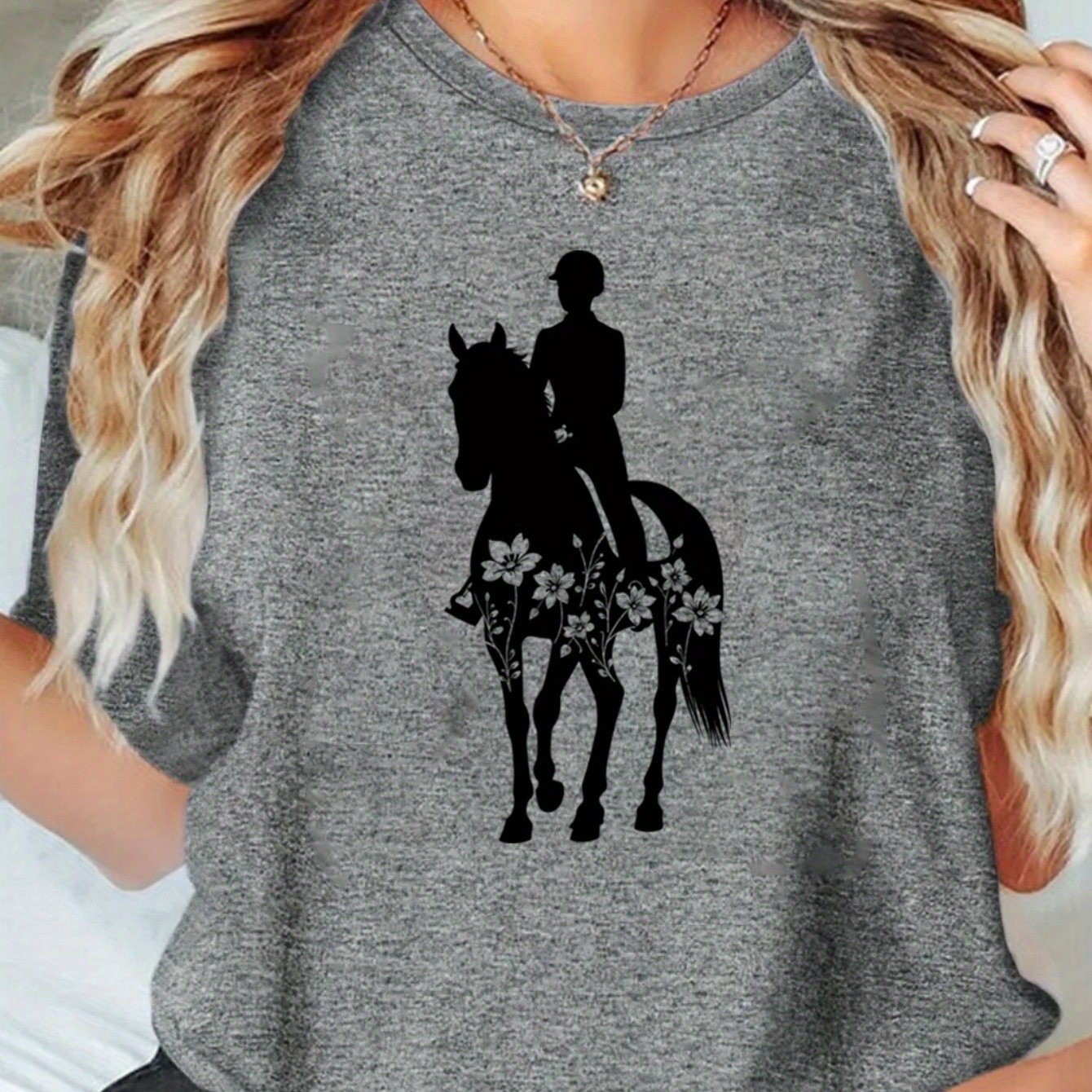 Women'S Equestrian Graphic Tee - Soft Breathable Quick-Dry Polyester Blend T-Shirt, Black with White Horseback Rider Design, All-Season Casual Shirt for Horseback Riding, Everyday Outfits & Themed Events - Easy Care Round Nec