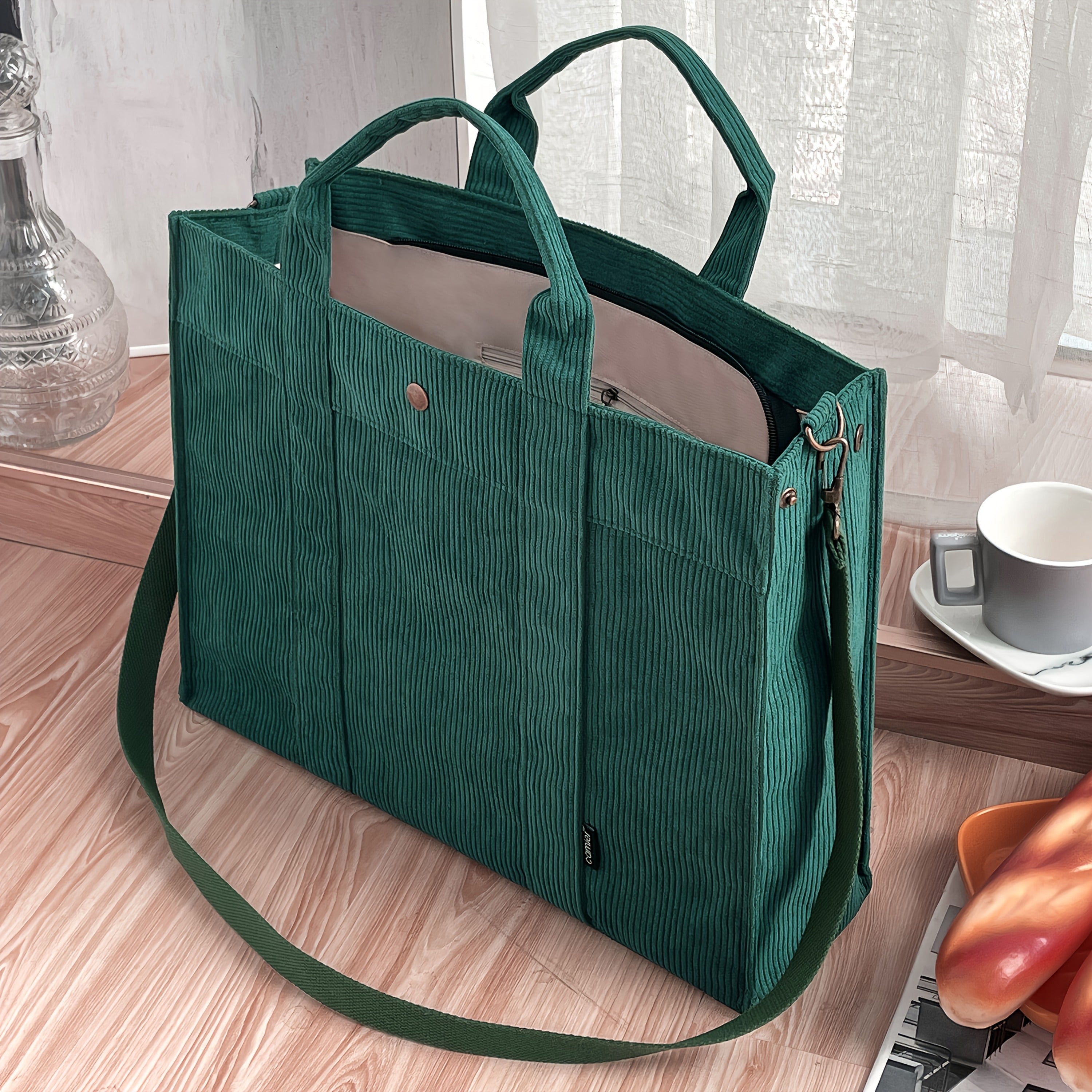 Women'S Corduroy Tote Bag - Stylish Striped Design with Zipper Closure, Thick and Durable, Perfect for Work, School, or Casual Use, Hand Wash Only, Everyday Tote Bag|Vintage Charm Bag|Soft Texture Ba