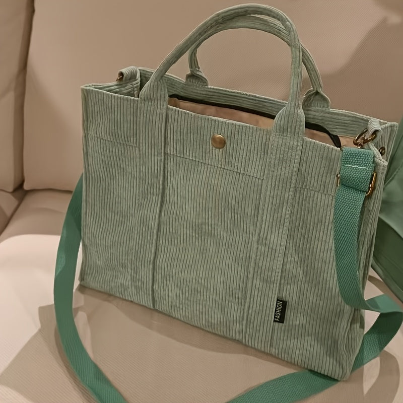 Women'S Corduroy Tote Bag - Stylish Striped Design with Zipper Closure, Thick and Durable, Perfect for Work, School, or Casual Use, Hand Wash Only, Everyday Tote Bag|Vintage Charm Bag|Soft Texture Ba