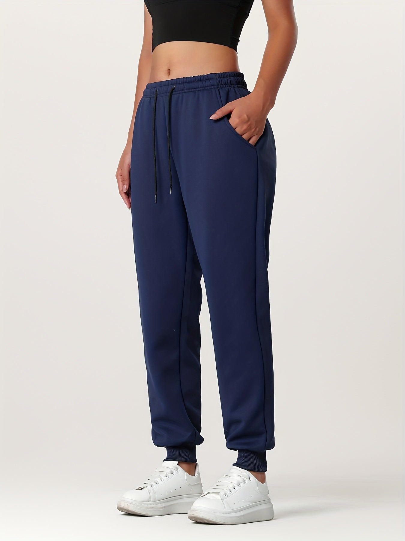 1pc Autumn Winter Women's Long Pants, Fleece-Lined Warm Casual Sports Trousers with Elastic Drawstring Waist, Slant Pockets, Windproof Thermal Cuffed Pants for Winter Daily Home Outing Hiking Leisure Wear