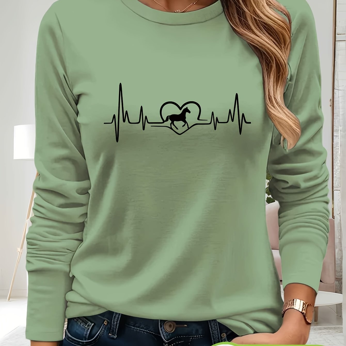 Women's 100% Cotton Long Sleeve T-Shirt - Heartbeat & Galloping Horse Graphic Print, Light Yellow Casual Round Neck Top for Spring/Summer, Machine Washable, Spring Summer Apparel, Unique Graphic Tee, Breathable Fabric, Spring