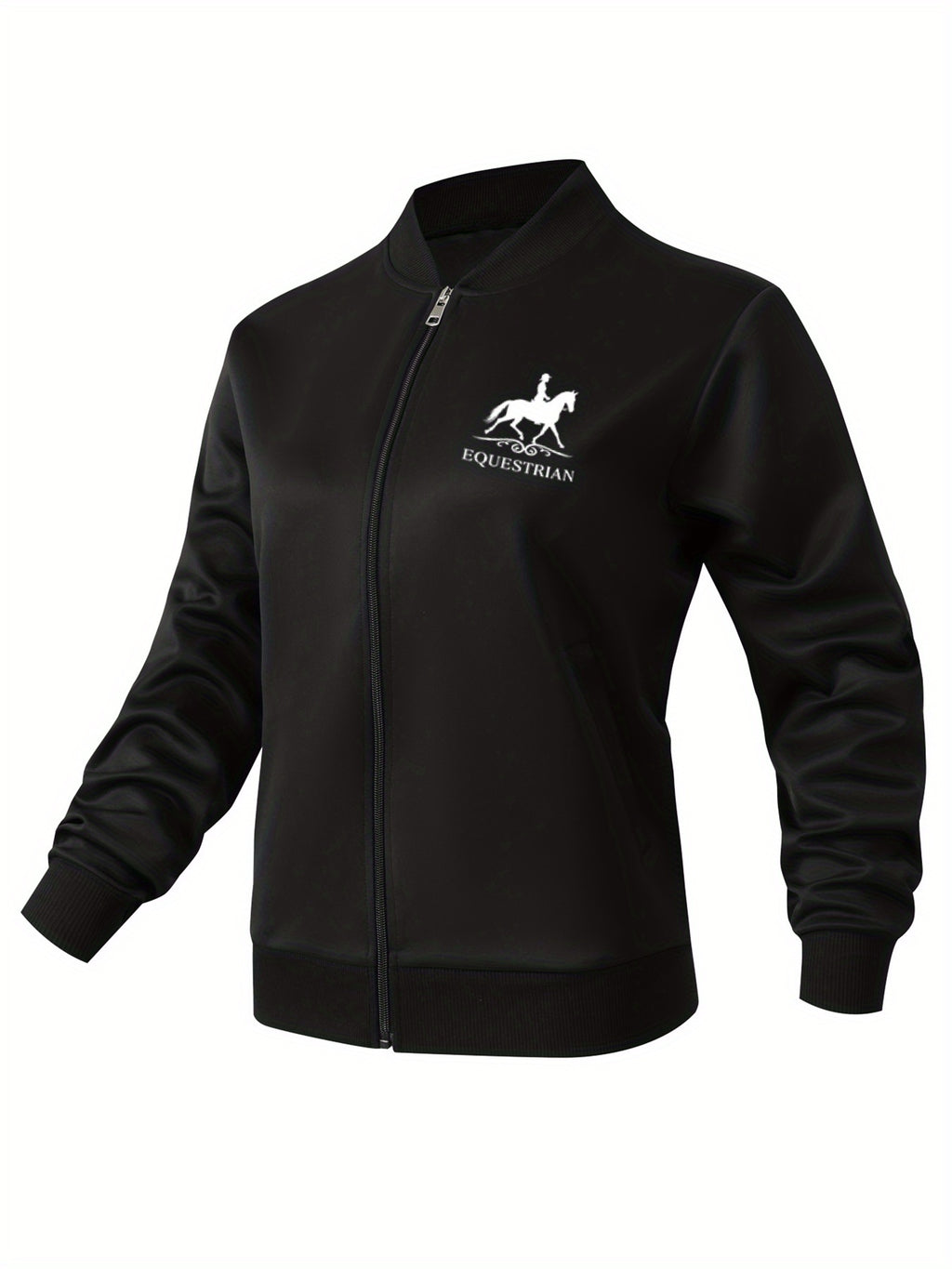 Women's Equestrian Print Casual Jacket - All-Season Comfort with Baseball Collar & Zip-Up Design, Long Sleeve Machine-Washable Coat with Pockets for Outdoor Activities, Equestrian Apparel, Durable Zipper Closure