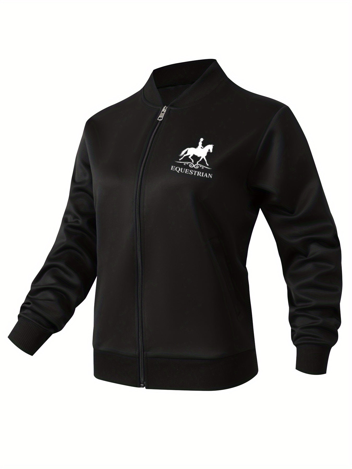 Women's Equestrian Print Casual Jacket - All-Season Comfort with Baseball Collar & Zip-Up Design, Long Sleeve Machine-Washable Coat with Pockets for Outdoor Activities, Equestrian Apparel, Durable Zipper Closure