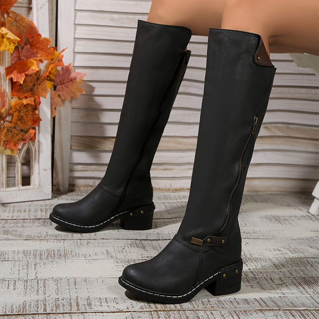 Vintage Style Women's Knee High Boots with Side Zipper, Chunky High Heel, Round Toe, Solid Color, Faux Leather, TPR Sole, Casual Fall Collection