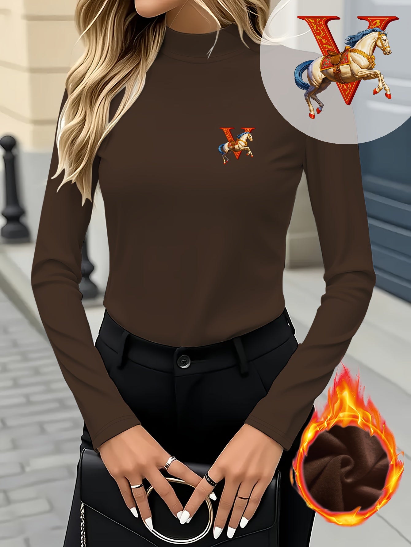 Women's Elegant Half-Turtleneck Long Sleeve Shirt with Royal V-Mark Equestrian Print - Soft Stretch German Fleece-like Fabric, Warm Winter Top for Casual & Formal Outfits, Horseback Riding Motif & Letter V Design, Versatile L