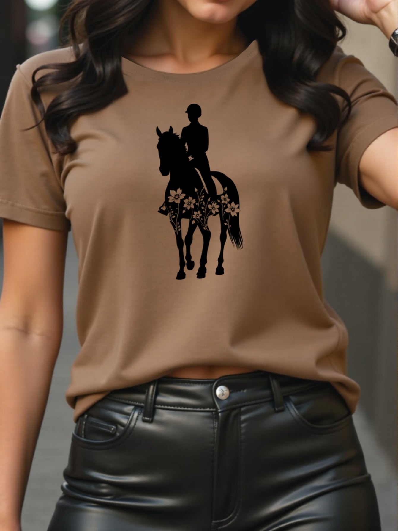 Women'S Equestrian Graphic Tee - Soft Breathable Quick-Dry Polyester Blend T-Shirt, Black with White Horseback Rider Design, All-Season Casual Shirt for Horseback Riding, Everyday Outfits & Themed Events - Easy Care Round Nec