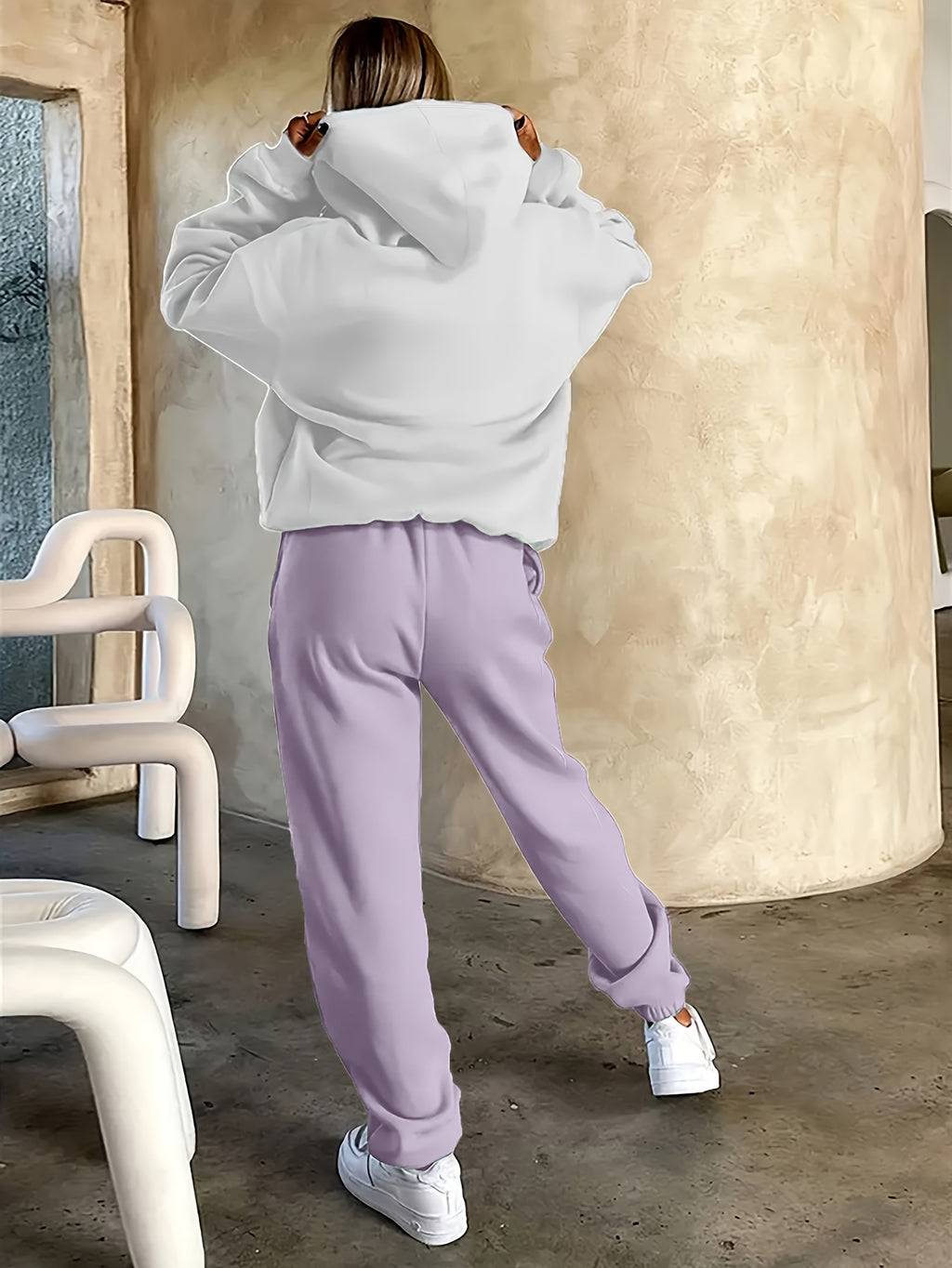 2025 Autumn/Winter New Arrival, Rider and Horse Pattern, Casual Letter Print Loose Warm Long Sleeve Hooded Sweatshirt and Drawstring Pants Women'S Two-Piece Set, Winter Clothing, Casual Wear, Trendy Outfit, Hooded Sweatshirt,