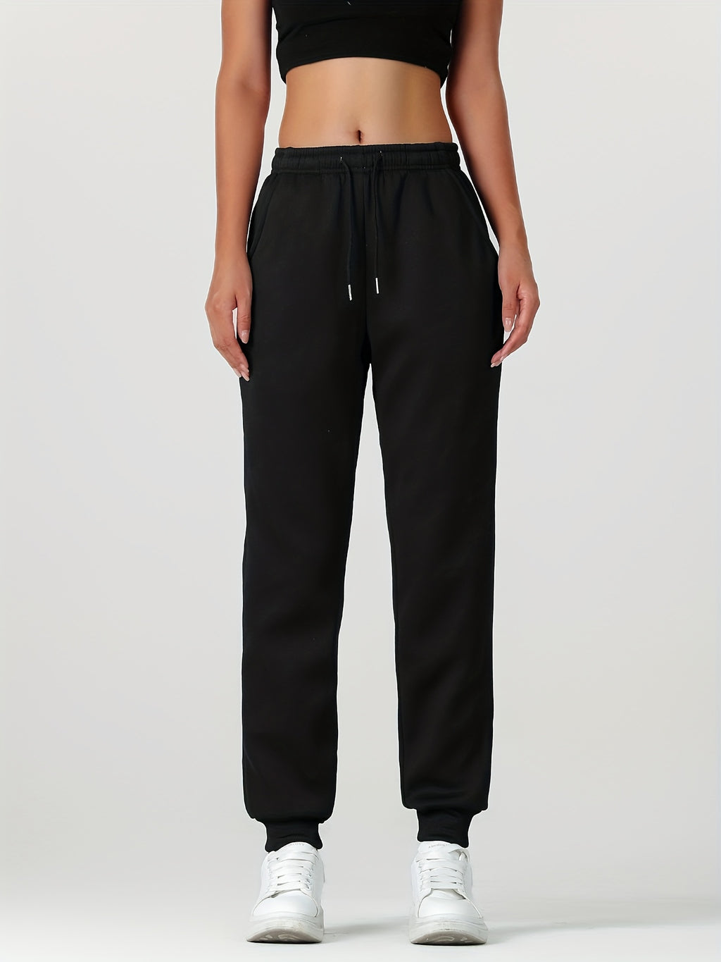 1pc Autumn Winter Women's Long Pants, Fleece-Lined Warm Casual Sports Trousers with Elastic Drawstring Waist, Slant Pockets, Windproof Thermal Cuffed Pants for Winter Daily Home Outing Hiking Leisure Wear