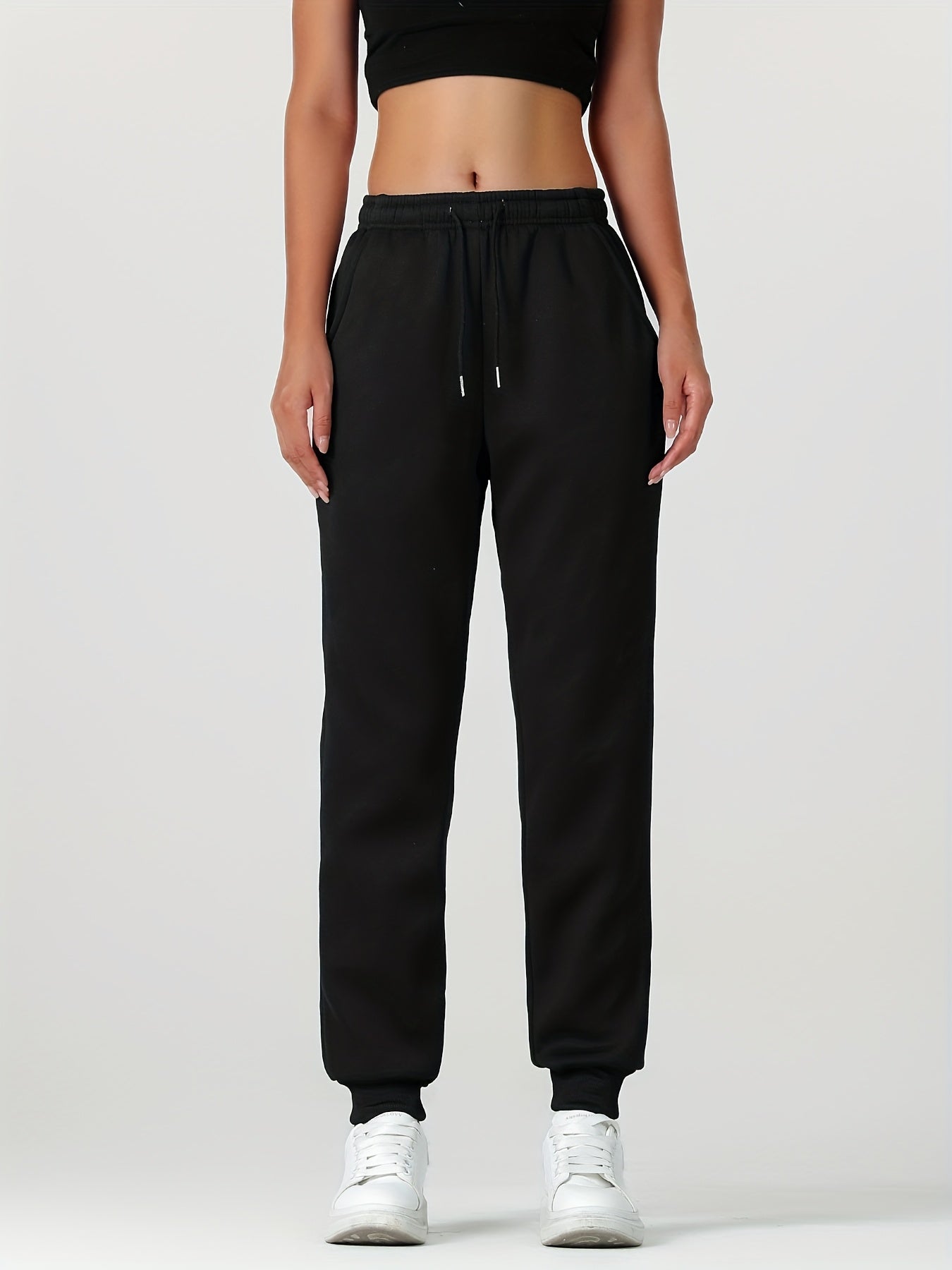 1pc Autumn Winter Women's Long Pants, Fleece-Lined Warm Casual Sports Trousers with Elastic Drawstring Waist, Slant Pockets, Windproof Thermal Cuffed Pants for Winter Daily Home Outing Hiking Leisure Wear