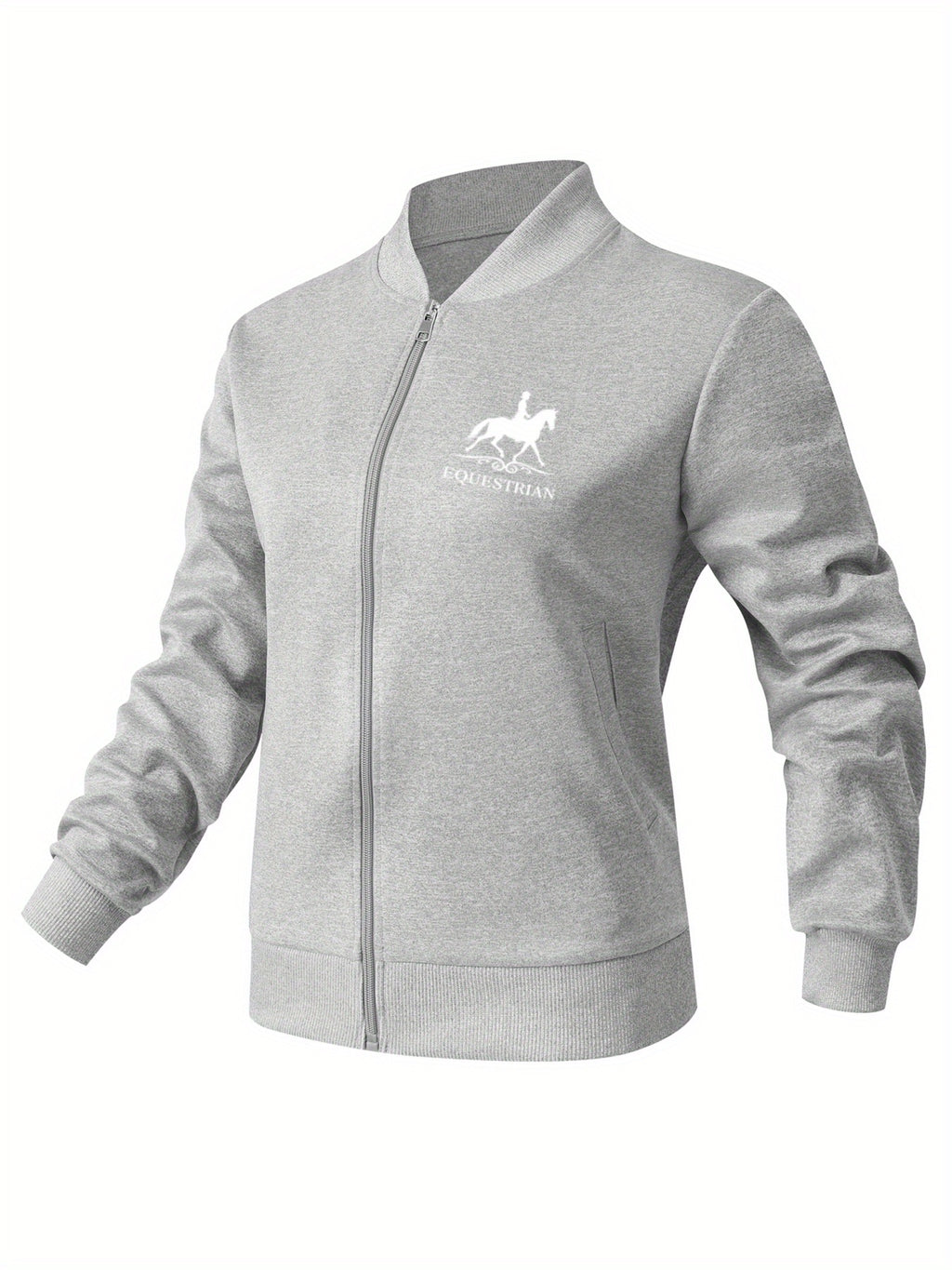 Women's Equestrian Print Casual Jacket - All-Season Comfort with Baseball Collar & Zip-Up Design, Long Sleeve Machine-Washable Coat with Pockets for Outdoor Activities, Equestrian Apparel, Durable Zipper Closure