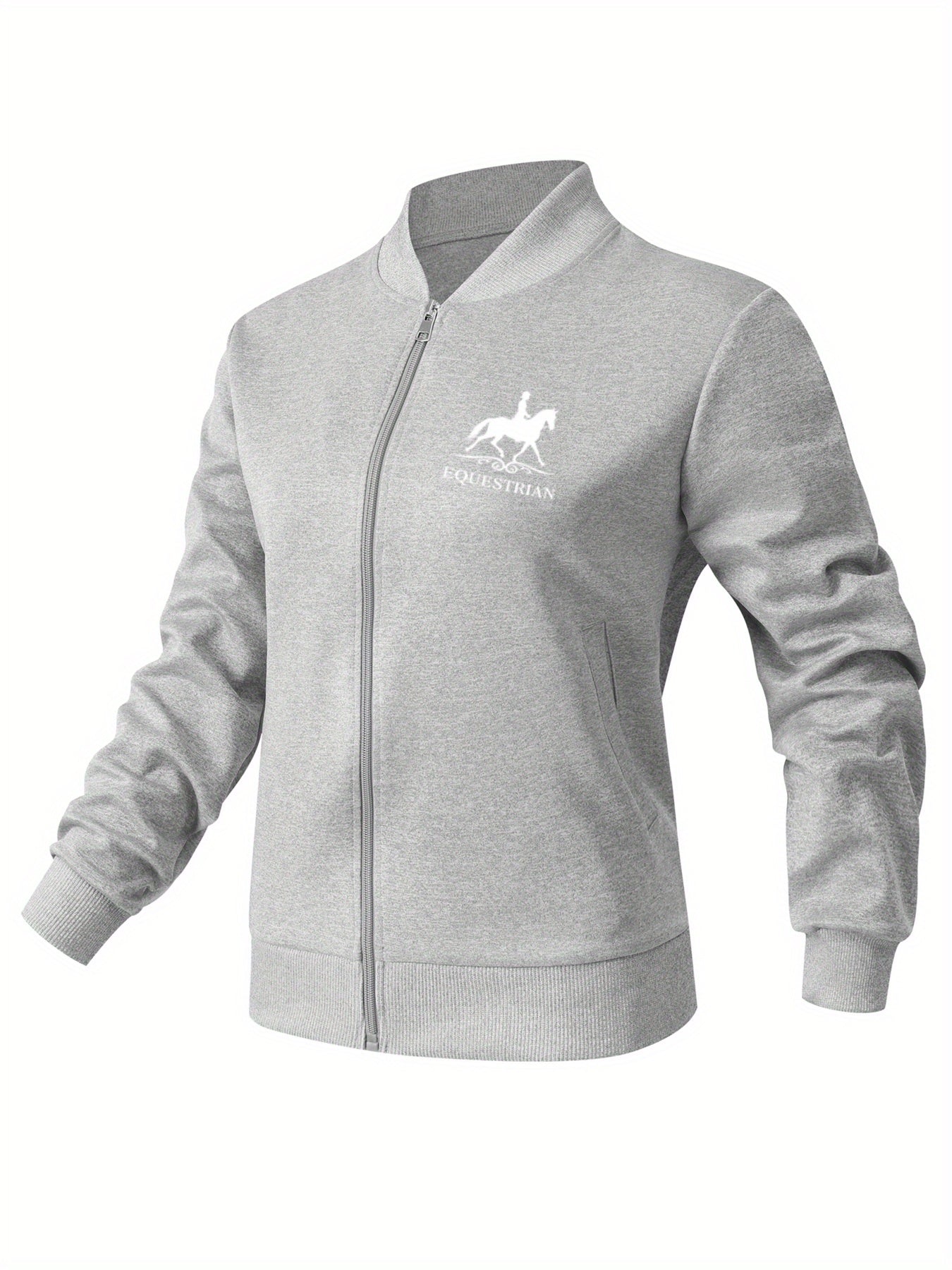Women's Equestrian Print Casual Jacket - All-Season Comfort with Baseball Collar & Zip-Up Design, Long Sleeve Machine-Washable Coat with Pockets for Outdoor Activities, Equestrian Apparel, Durable Zipper Closure