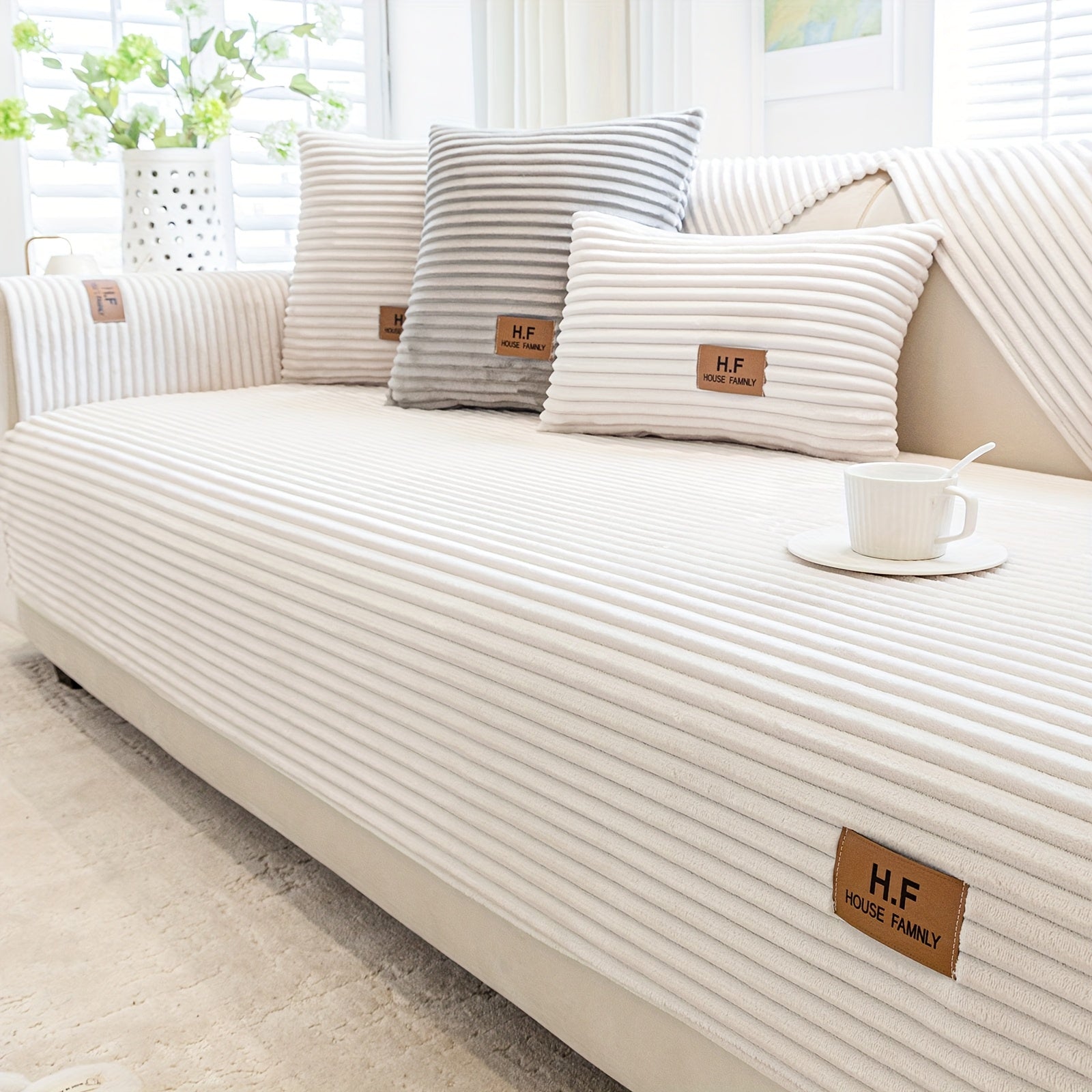 1pc HF Modern Plush Flannel Sofa Cushion Cover - Pet-Friendly Non-Slip Sofa Protector with Striped Design & Leather-Like Patches, Machine Washable Furniture Cover for 3/2/4-Seater, Living Room, Bedroom, Office Decor, Bedroom