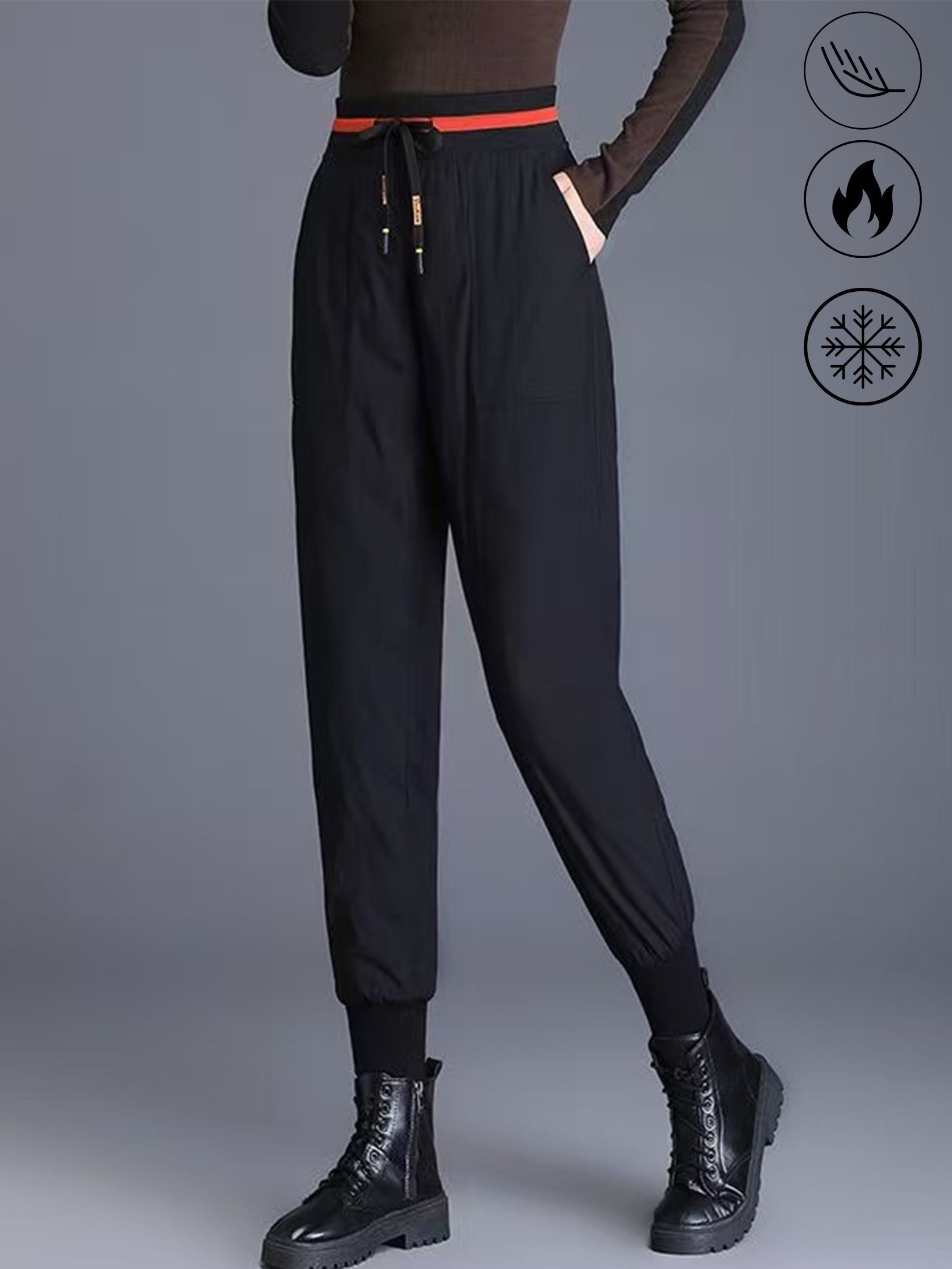 Women's Thermal Duck Down Pants - High-Waisted Winter Snow Pants with Duck Down Filling, Cuffed Trousers & Contrast Waistband, Elastic Drawstring Waist (No Belt) for Skiing, Snowboarding & Cold Weather (Casual)